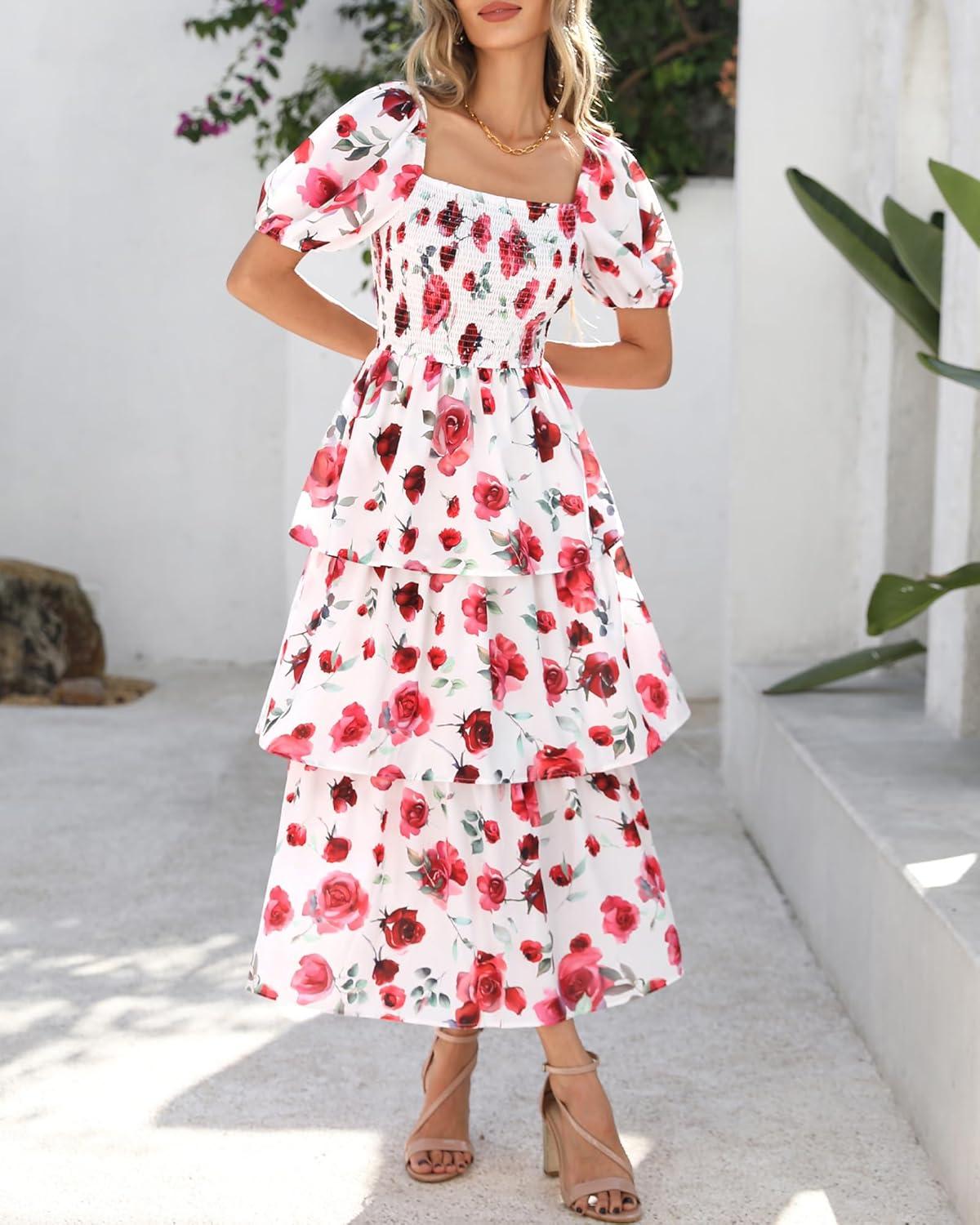 imageBTFBM Womens Square Neck Smocked Dress Summer Puff Short Sleeve Floral Casual Ruffle Tiered Maxi Wedding Guest DressesFloral White Red