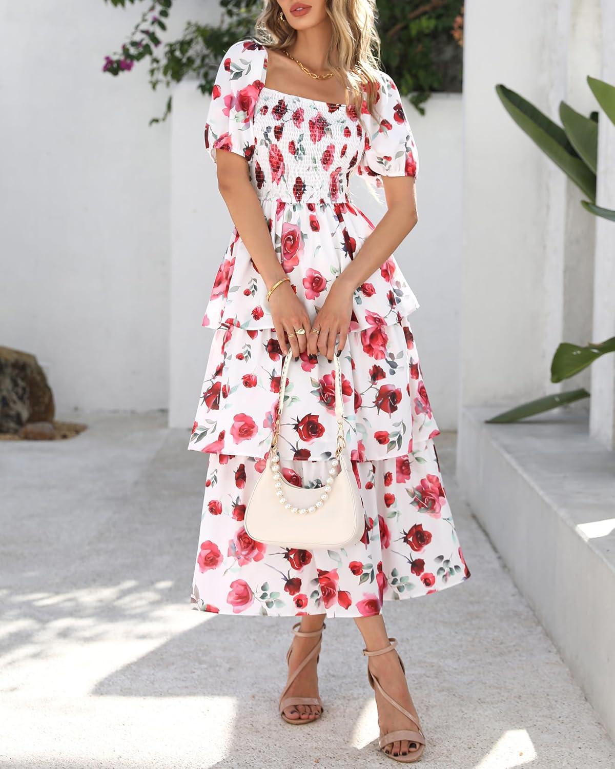 imageBTFBM Womens Square Neck Smocked Dress Summer Puff Short Sleeve Floral Casual Ruffle Tiered Maxi Wedding Guest DressesFloral White Red