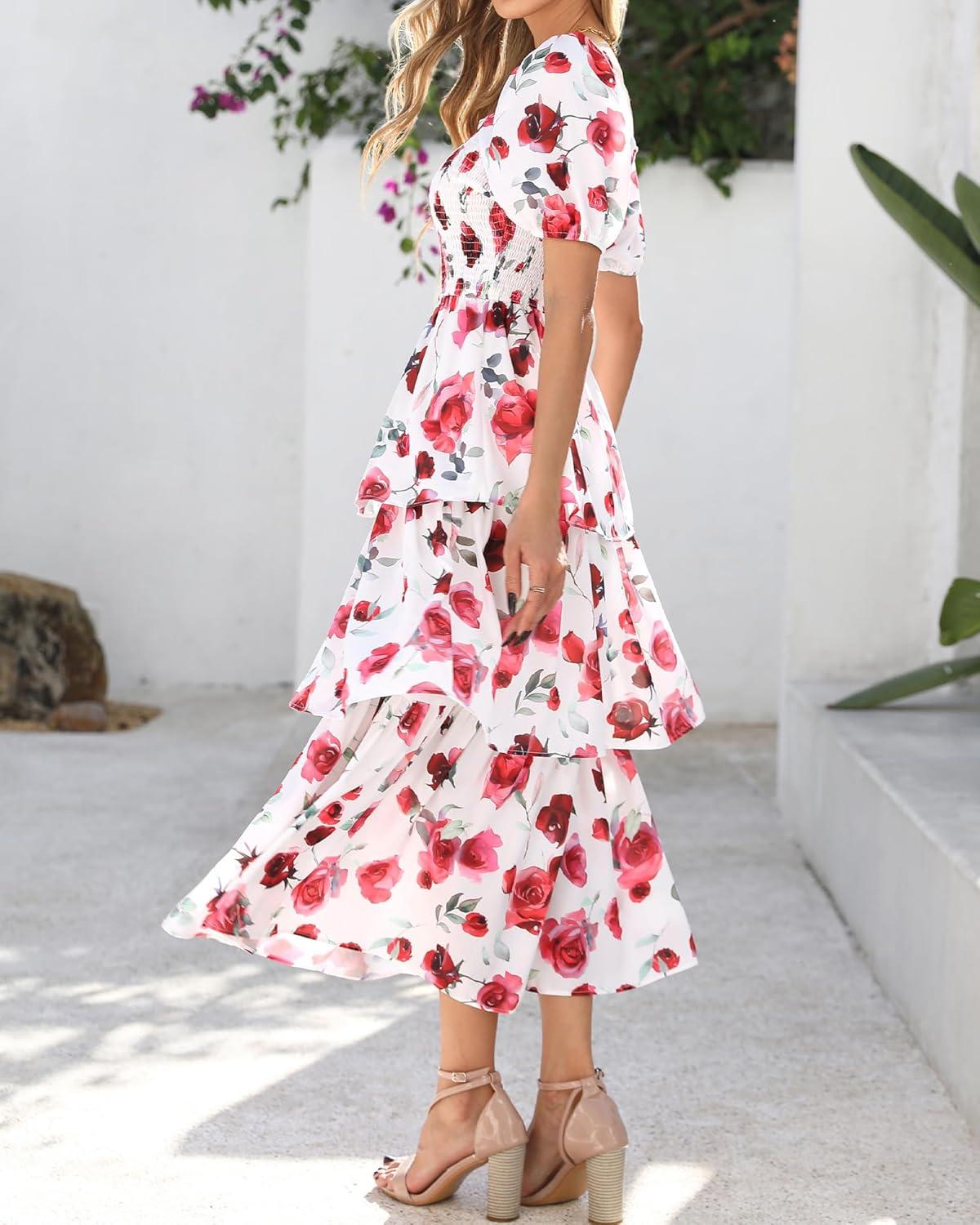 imageBTFBM Womens Square Neck Smocked Dress Summer Puff Short Sleeve Floral Casual Ruffle Tiered Maxi Wedding Guest DressesFloral White Red