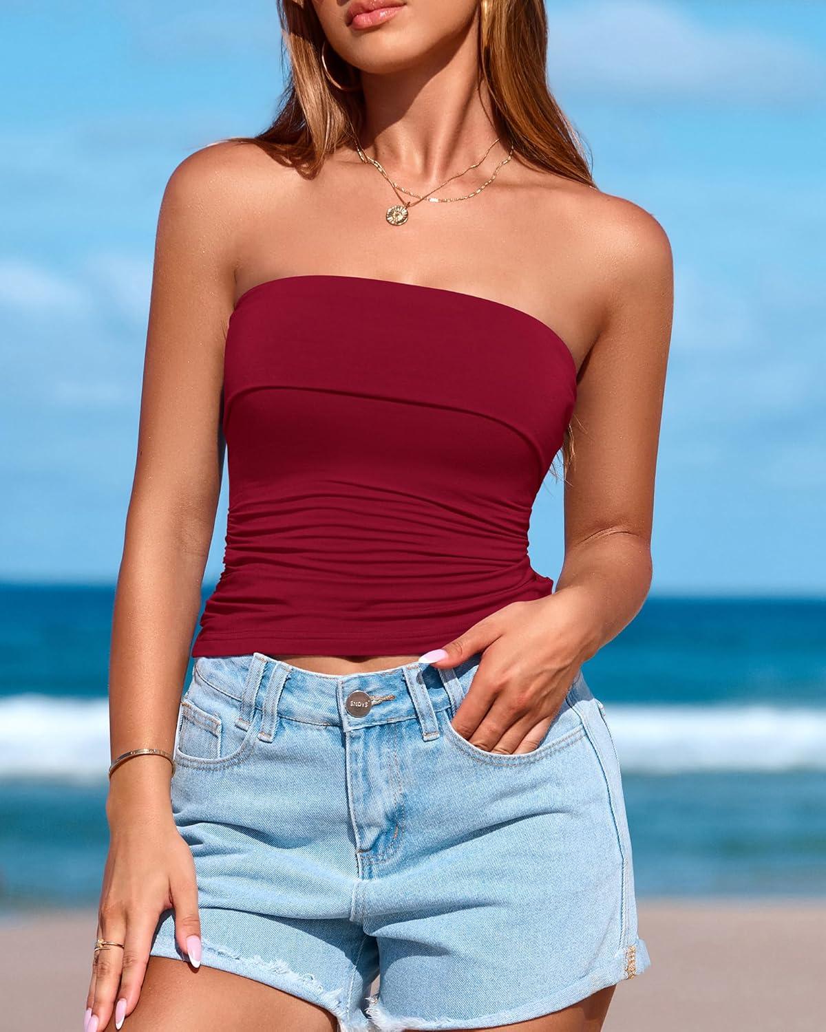 imageBTFBM Womens Strapless Tube Tops Spring Summer Clothes 2026 Trendy Casual Ruched Stretchy Going Out Bodycon Bandeau TopWine Red