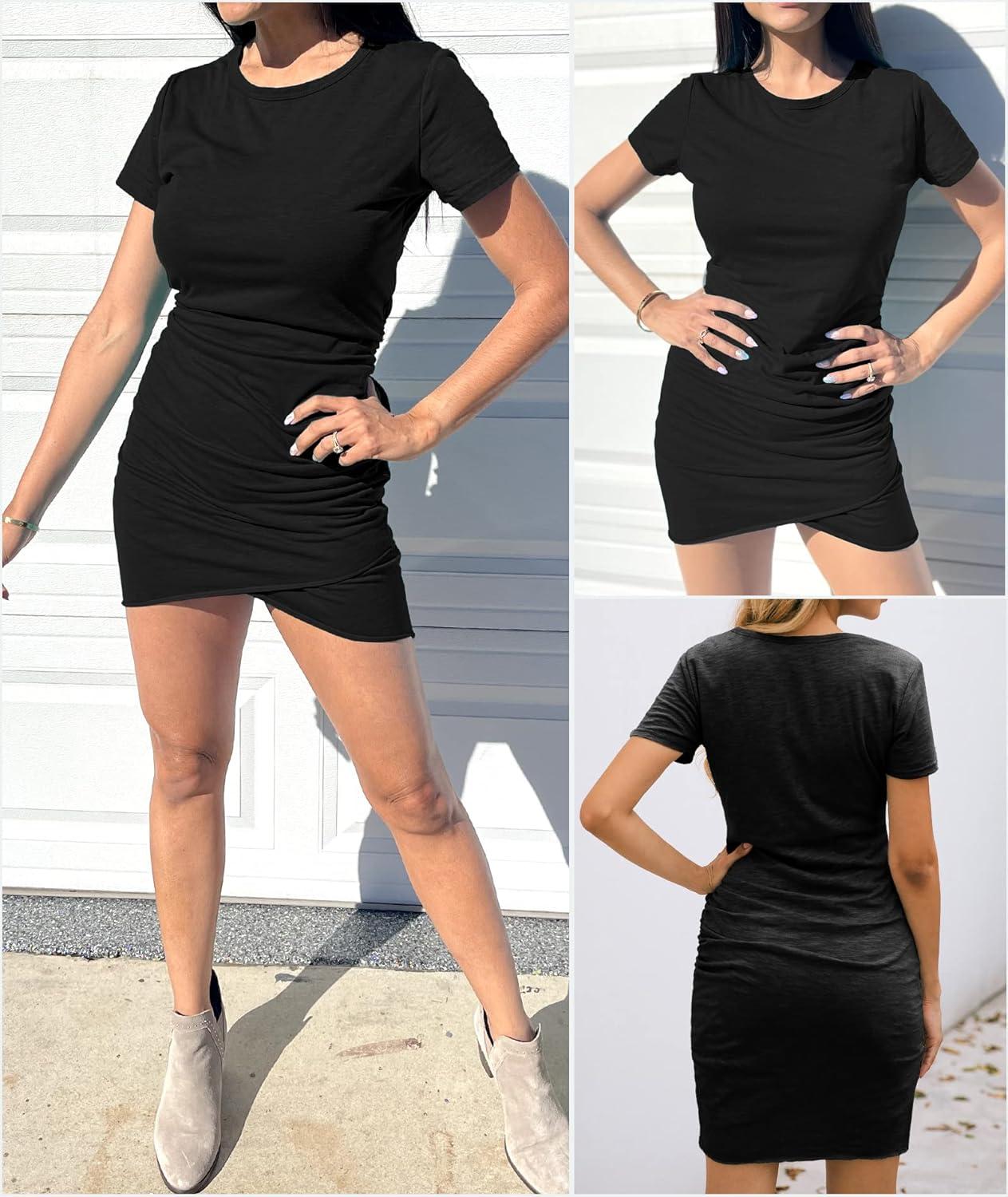 imageBTFBM Womens Summer Dresses 2026 Casual Bodycon Mini Dress Short Sleeve Crew Neck Mini Ruched Spring Beach Vacation OutfitsBlack