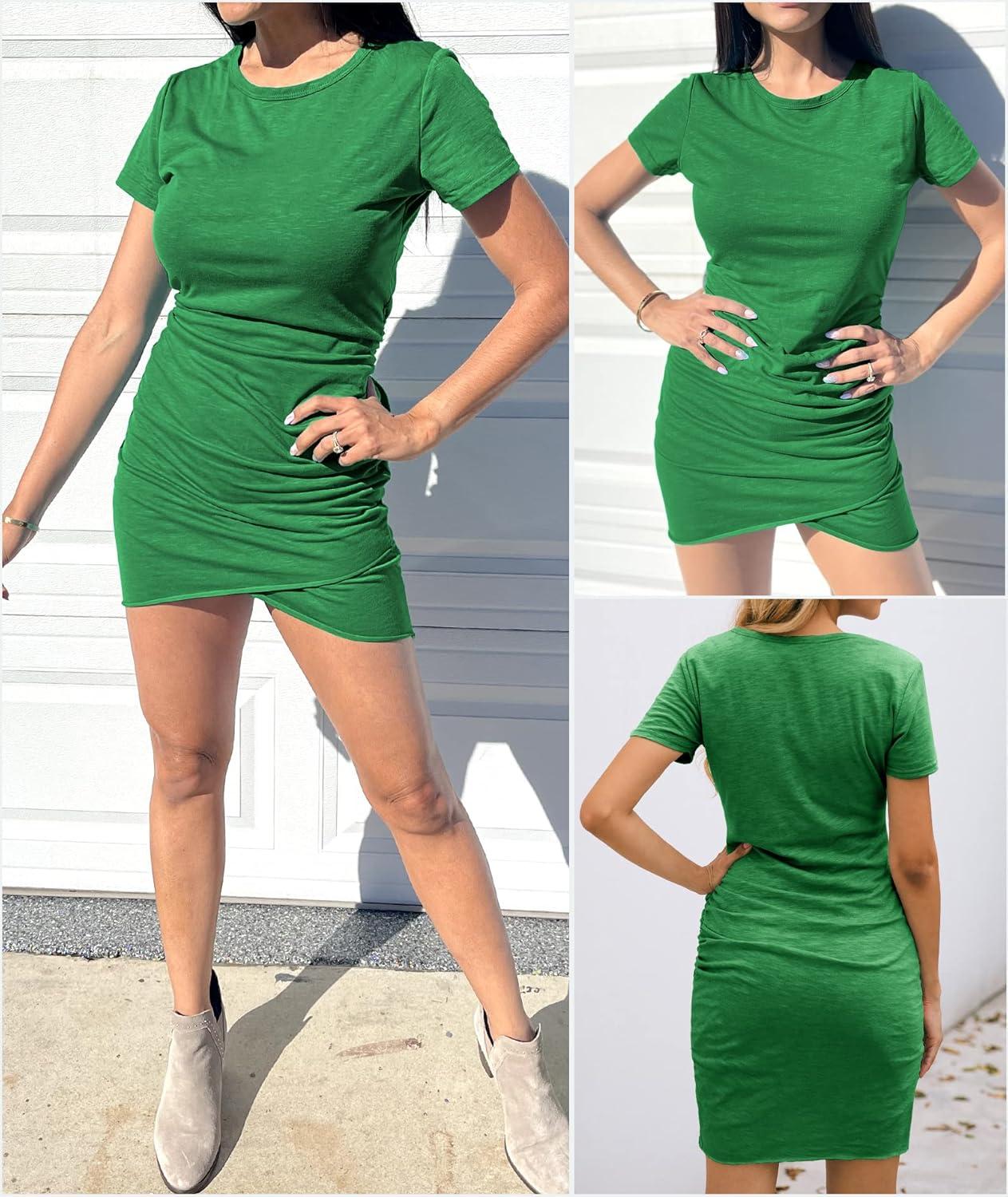 imageBTFBM Womens Summer Dresses 2026 Casual Bodycon Mini Dress Short Sleeve Crew Neck Mini Ruched Spring Beach Vacation OutfitsBright Green