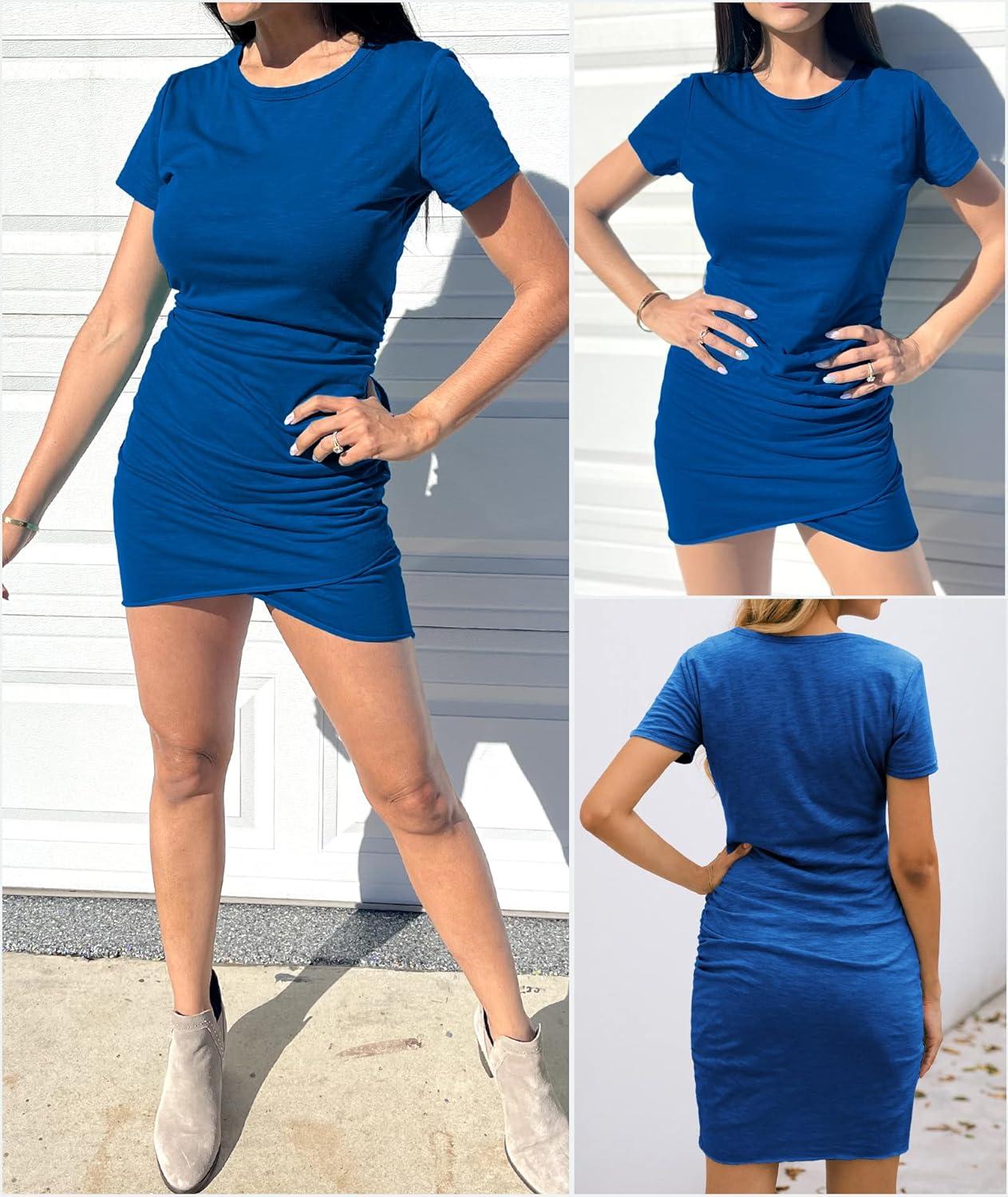 imageBTFBM Womens Summer Dresses 2026 Casual Bodycon Mini Dress Short Sleeve Crew Neck Mini Ruched Spring Beach Vacation OutfitsDark Blue