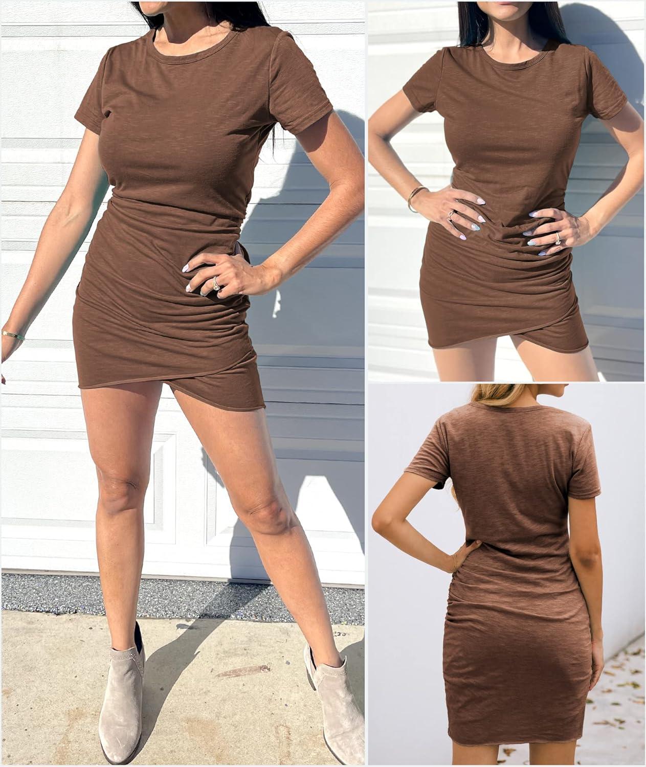 imageBTFBM Womens Summer Dresses 2026 Casual Bodycon Mini Dress Short Sleeve Crew Neck Mini Ruched Spring Beach Vacation OutfitsDark Brown