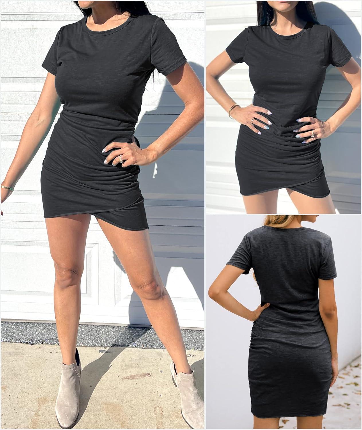 imageBTFBM Womens Summer Dresses 2026 Casual Bodycon Mini Dress Short Sleeve Crew Neck Mini Ruched Spring Beach Vacation OutfitsDark Grey