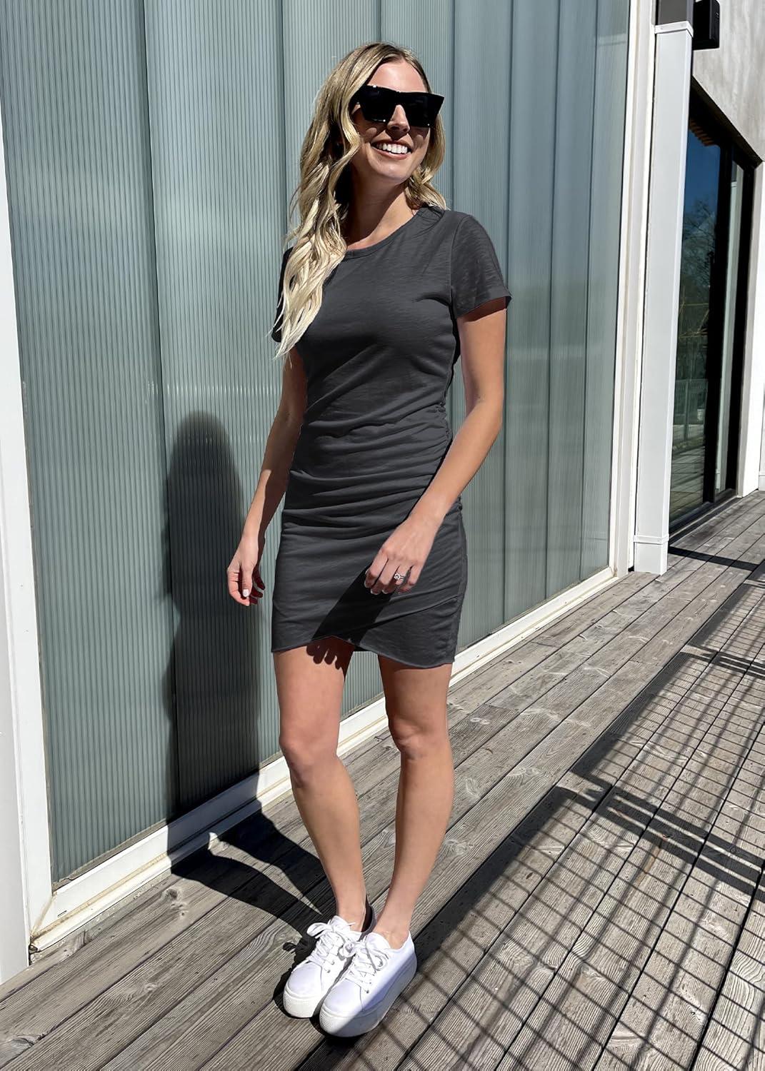 imageBTFBM Womens Summer Dresses 2026 Casual Bodycon Mini Dress Short Sleeve Crew Neck Mini Ruched Spring Beach Vacation OutfitsDark Grey