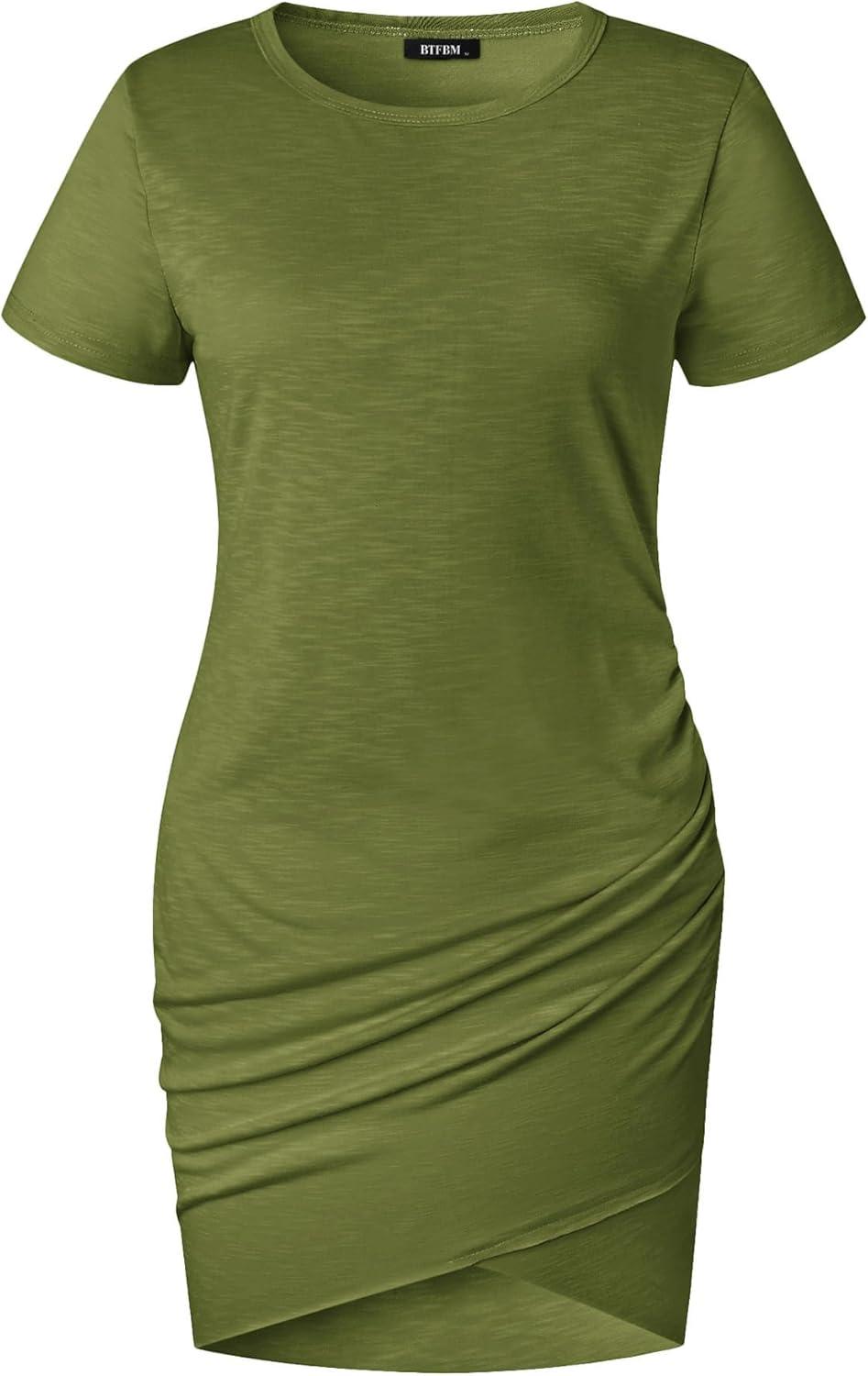 imageBTFBM Womens Summer Dresses 2026 Casual Bodycon Mini Dress Short Sleeve Crew Neck Mini Ruched Spring Beach Vacation OutfitsGreen