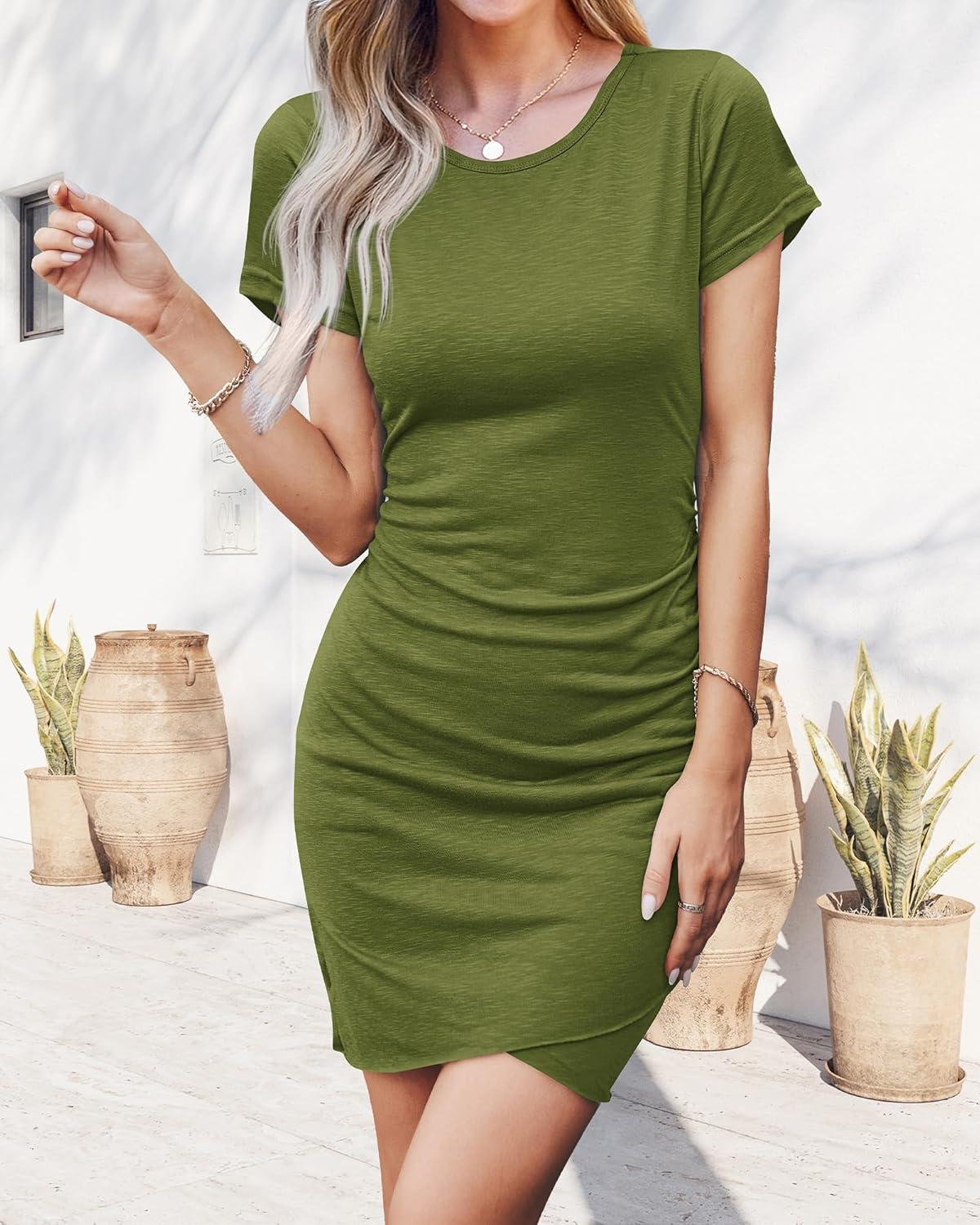 imageBTFBM Womens Summer Dresses 2026 Casual Bodycon Mini Dress Short Sleeve Crew Neck Mini Ruched Spring Beach Vacation OutfitsGreen