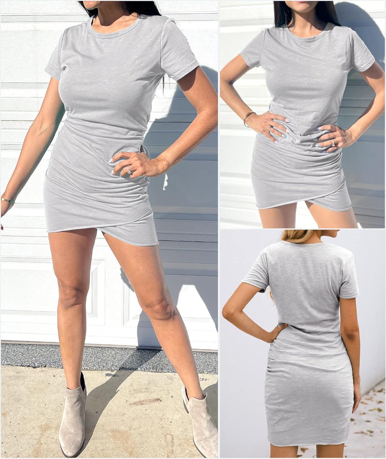 imageBTFBM Womens Summer Dresses 2026 Casual Bodycon Mini Dress Short Sleeve Crew Neck Mini Ruched Spring Beach Vacation OutfitsGrey