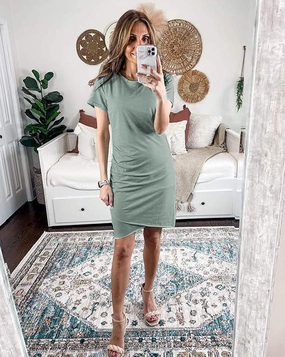 imageBTFBM Womens Summer Dresses 2026 Casual Bodycon Mini Dress Short Sleeve Crew Neck Mini Ruched Spring Beach Vacation OutfitsGrey Green