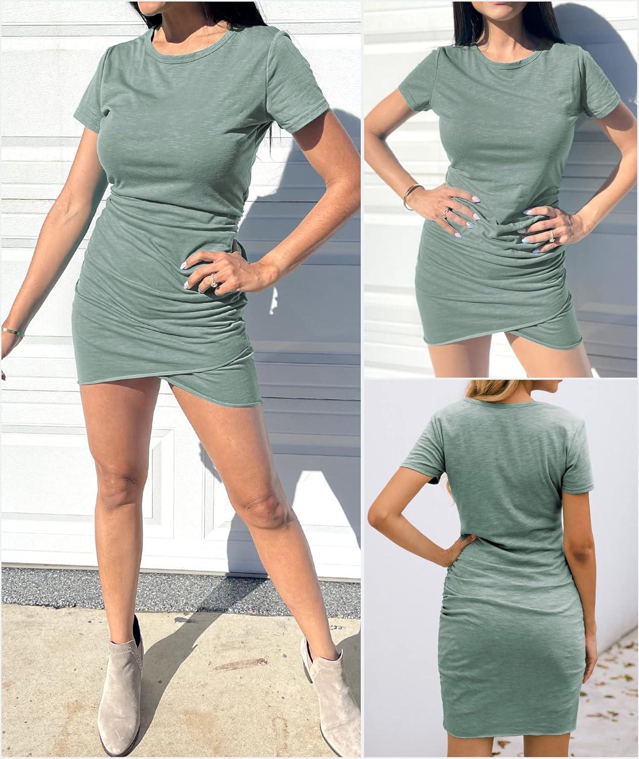 imageBTFBM Womens Summer Dresses 2026 Casual Bodycon Mini Dress Short Sleeve Crew Neck Mini Ruched Spring Beach Vacation OutfitsGrey Green