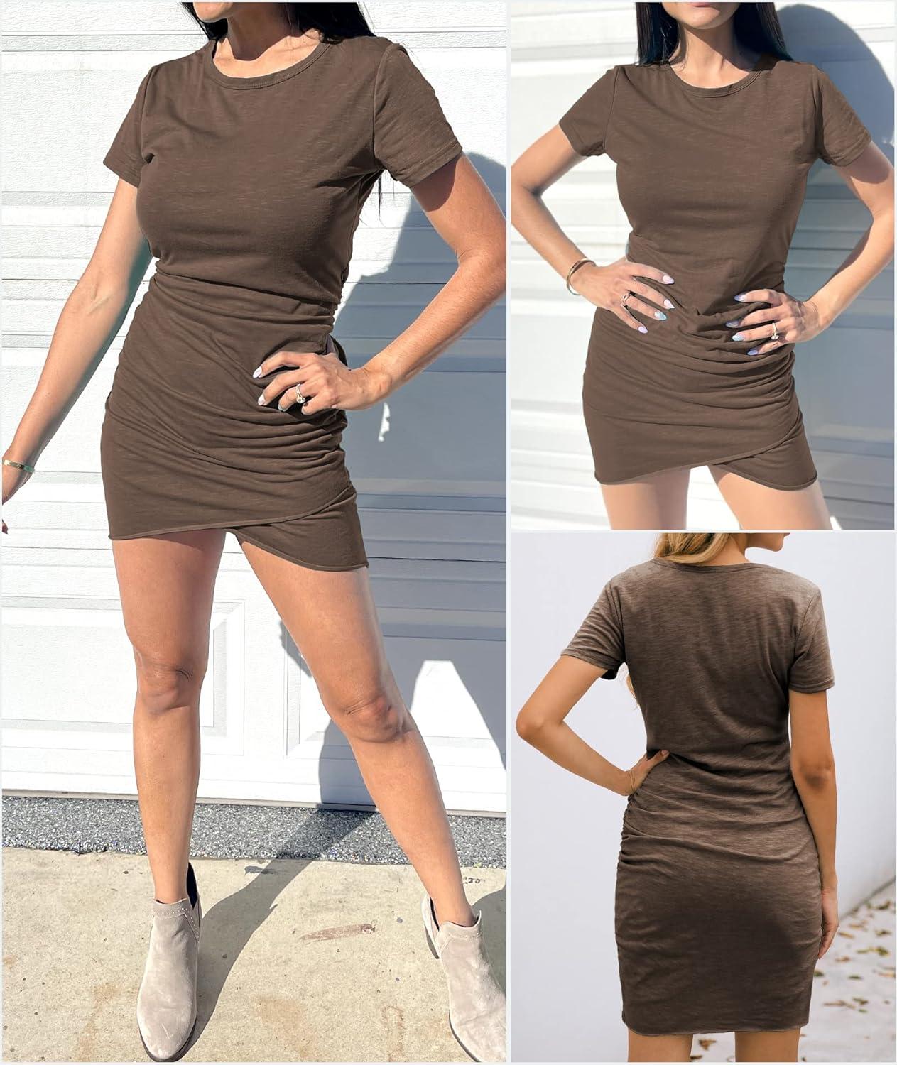 imageBTFBM Womens Summer Dresses 2026 Casual Bodycon Mini Dress Short Sleeve Crew Neck Mini Ruched Spring Beach Vacation OutfitsKhaki