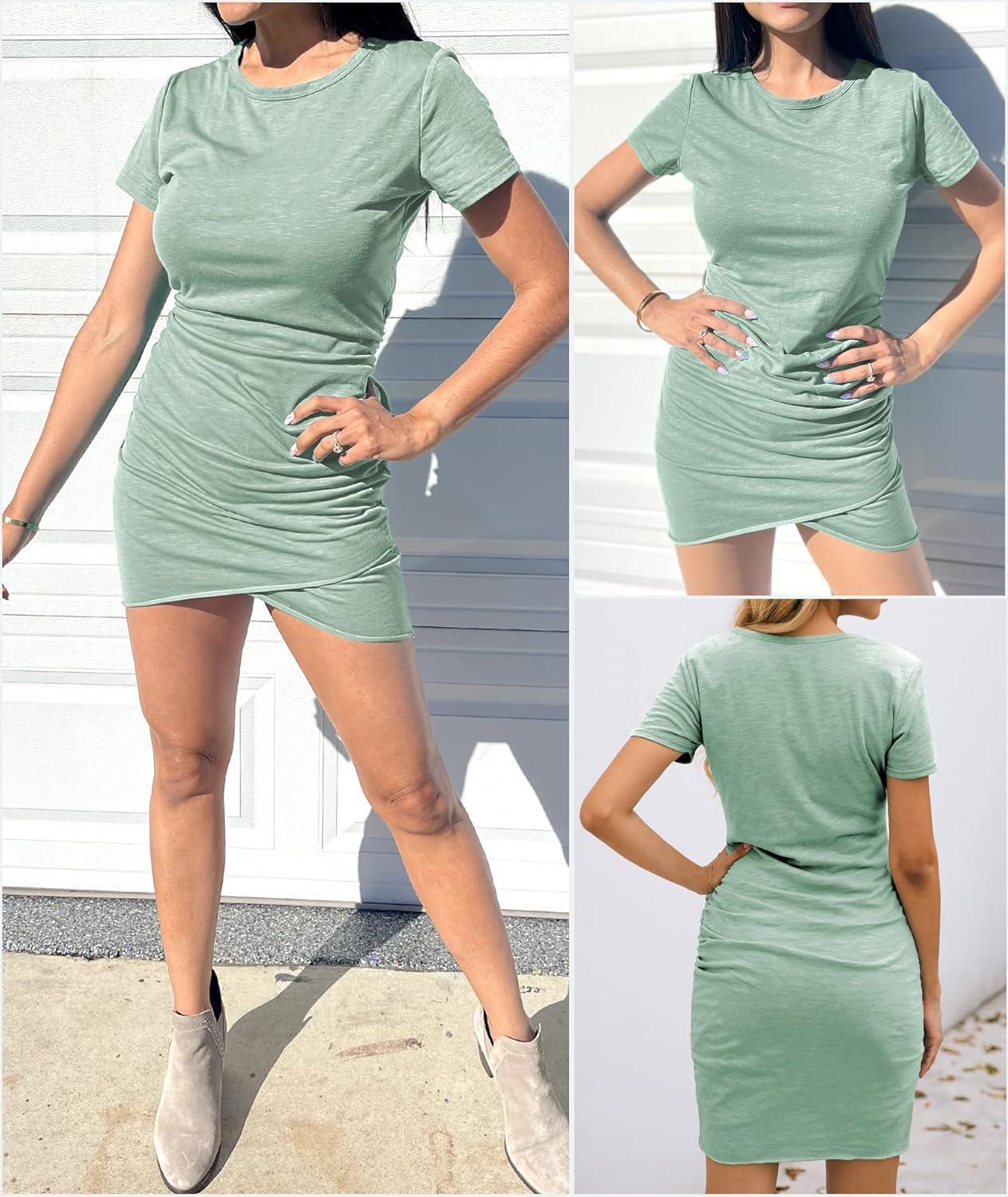 imageBTFBM Womens Summer Dresses 2026 Casual Bodycon Mini Dress Short Sleeve Crew Neck Mini Ruched Spring Beach Vacation OutfitsLight Green