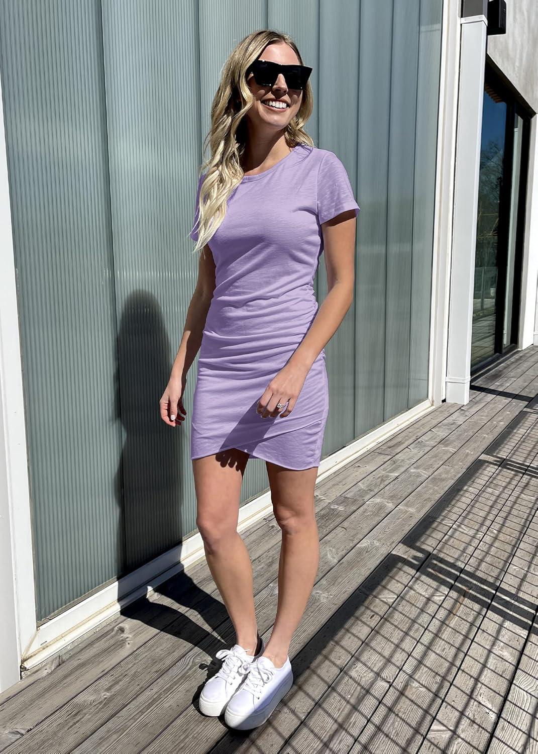 imageBTFBM Womens Summer Dresses 2026 Casual Bodycon Mini Dress Short Sleeve Crew Neck Mini Ruched Spring Beach Vacation OutfitsLight Purple