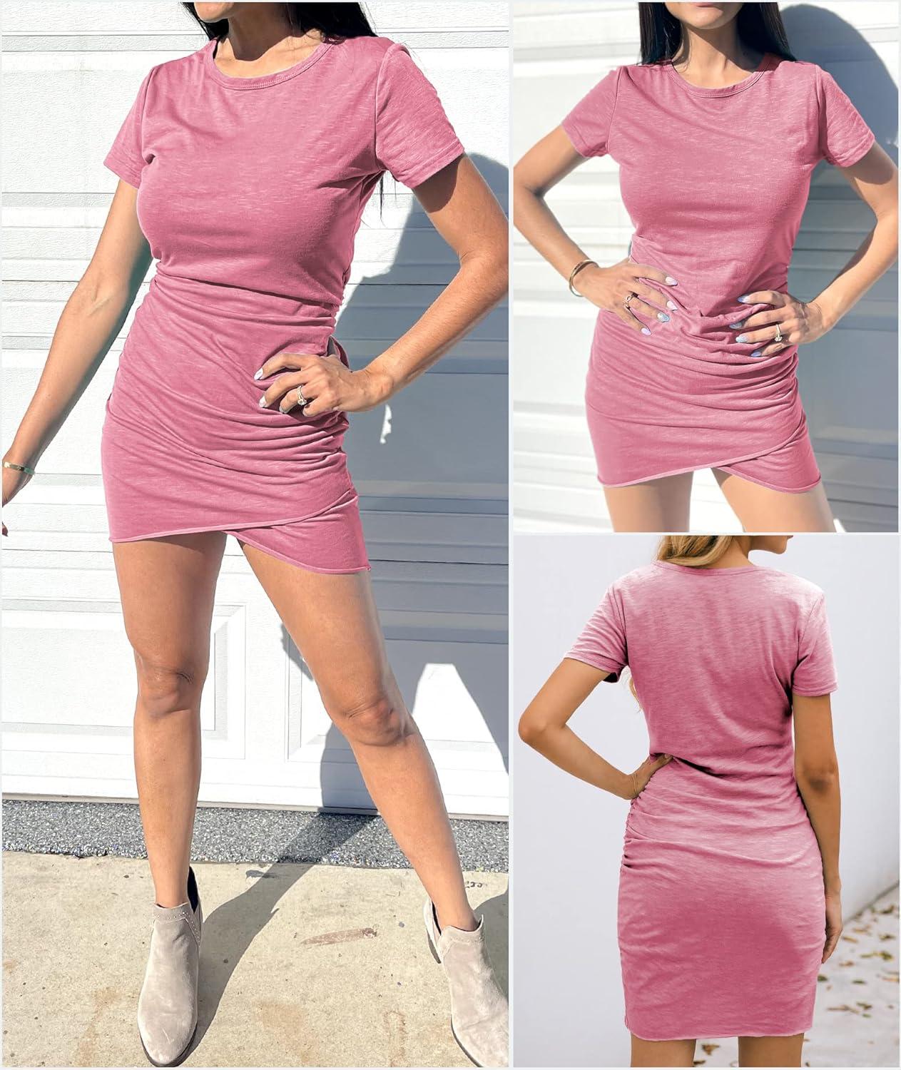 imageBTFBM Womens Summer Dresses 2026 Casual Bodycon Mini Dress Short Sleeve Crew Neck Mini Ruched Spring Beach Vacation OutfitsLight Red