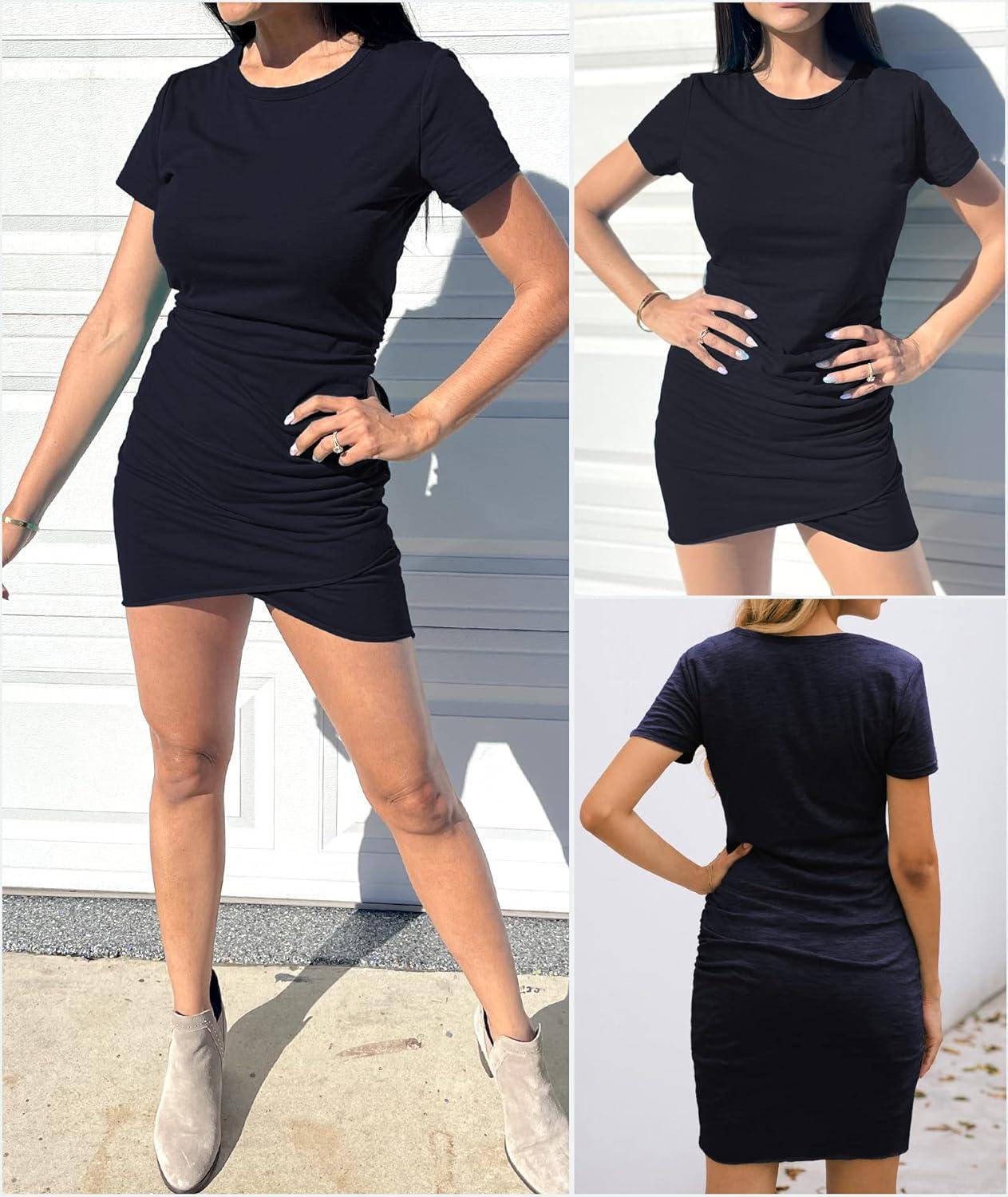 imageBTFBM Womens Summer Dresses 2026 Casual Bodycon Mini Dress Short Sleeve Crew Neck Mini Ruched Spring Beach Vacation OutfitsNavy