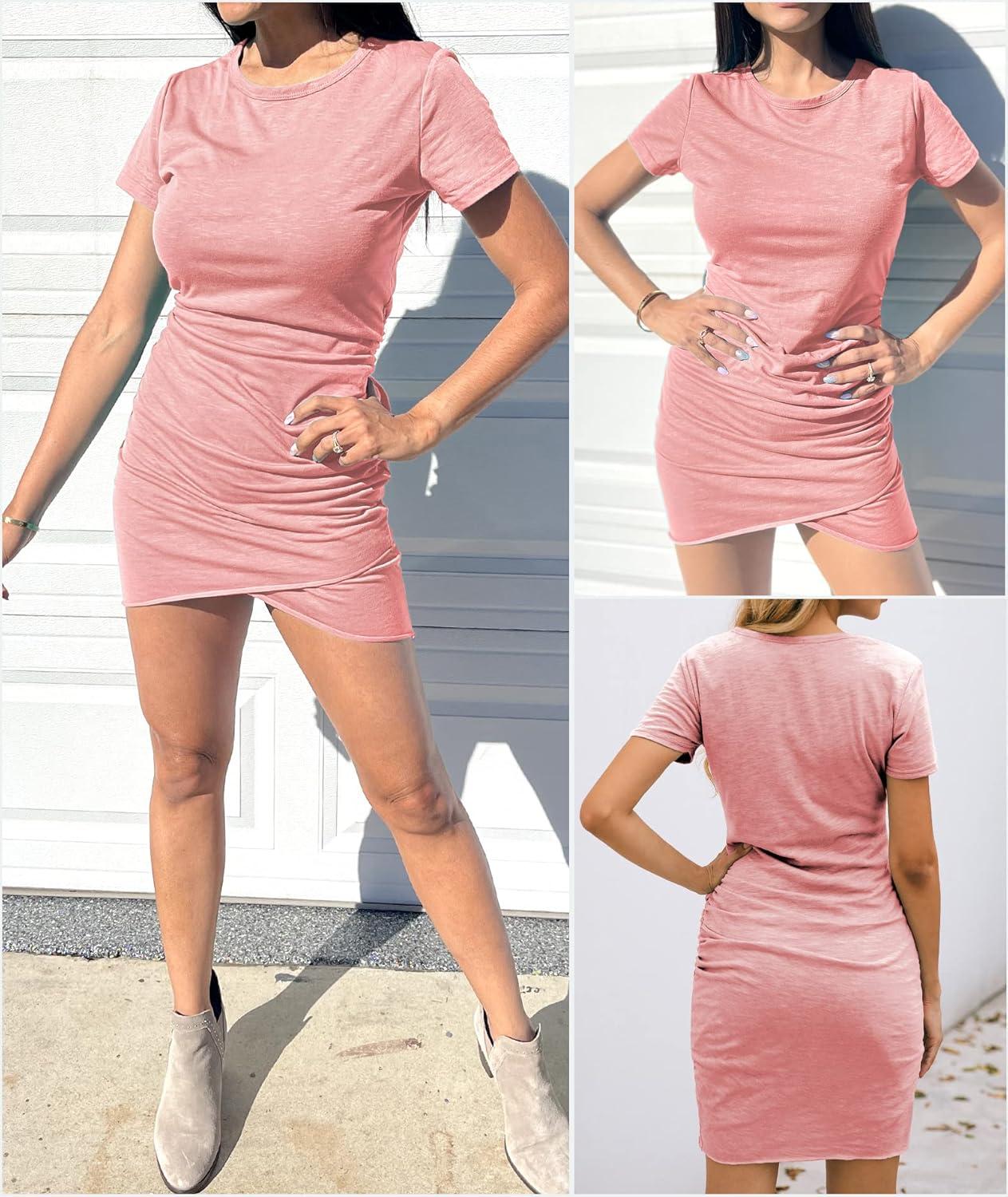 imageBTFBM Womens Summer Dresses 2026 Casual Bodycon Mini Dress Short Sleeve Crew Neck Mini Ruched Spring Beach Vacation OutfitsPeach Pink