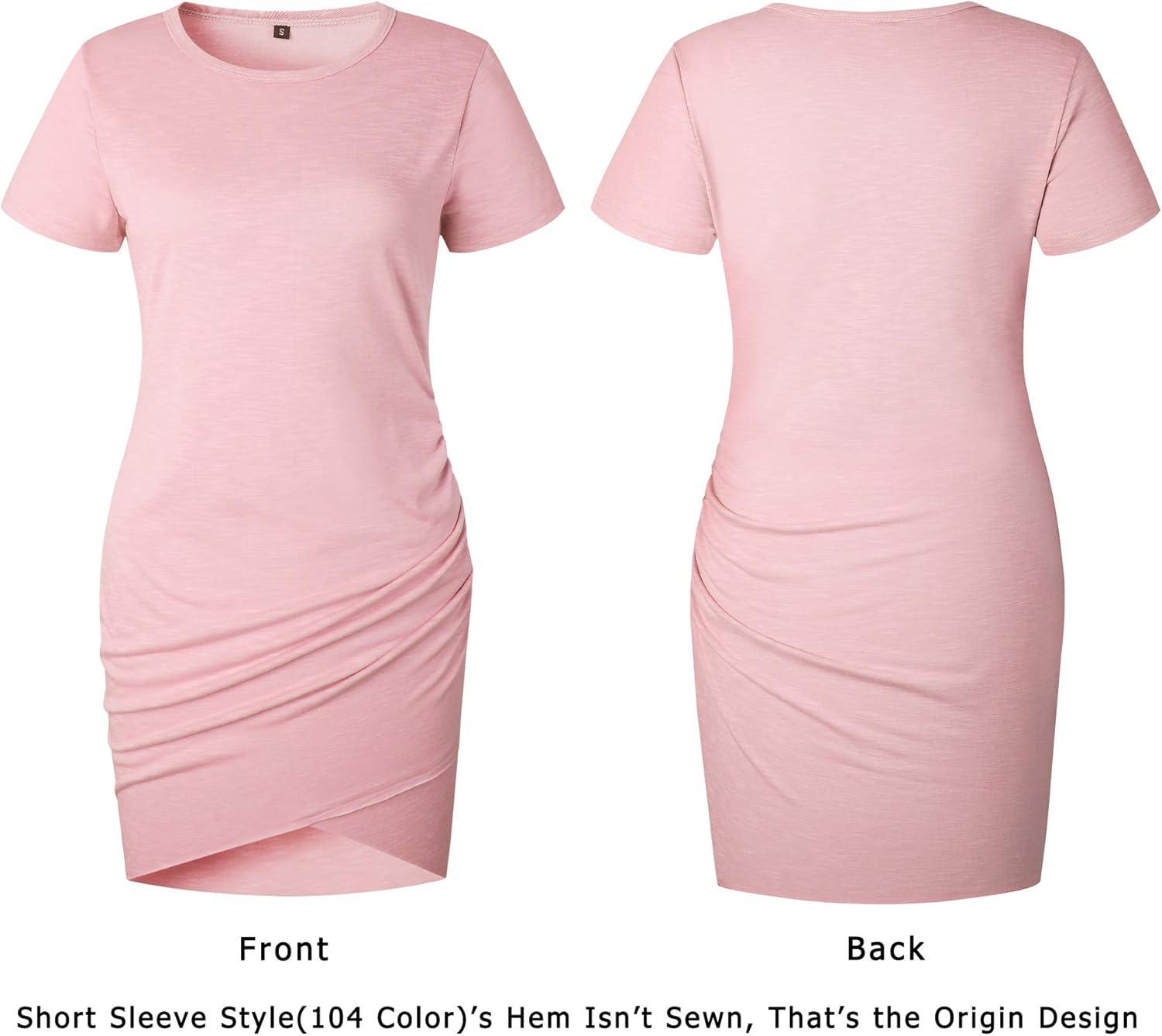 imageBTFBM Womens Summer Dresses 2026 Casual Bodycon Mini Dress Short Sleeve Crew Neck Mini Ruched Spring Beach Vacation OutfitsPink