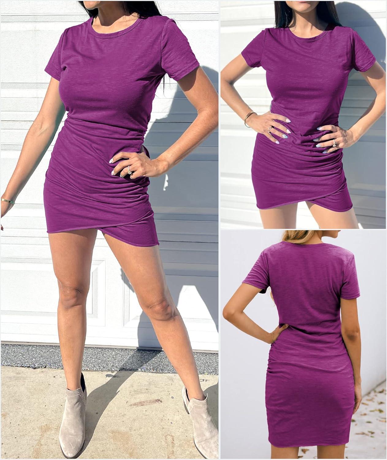 imageBTFBM Womens Summer Dresses 2026 Casual Bodycon Mini Dress Short Sleeve Crew Neck Mini Ruched Spring Beach Vacation OutfitsPurple
