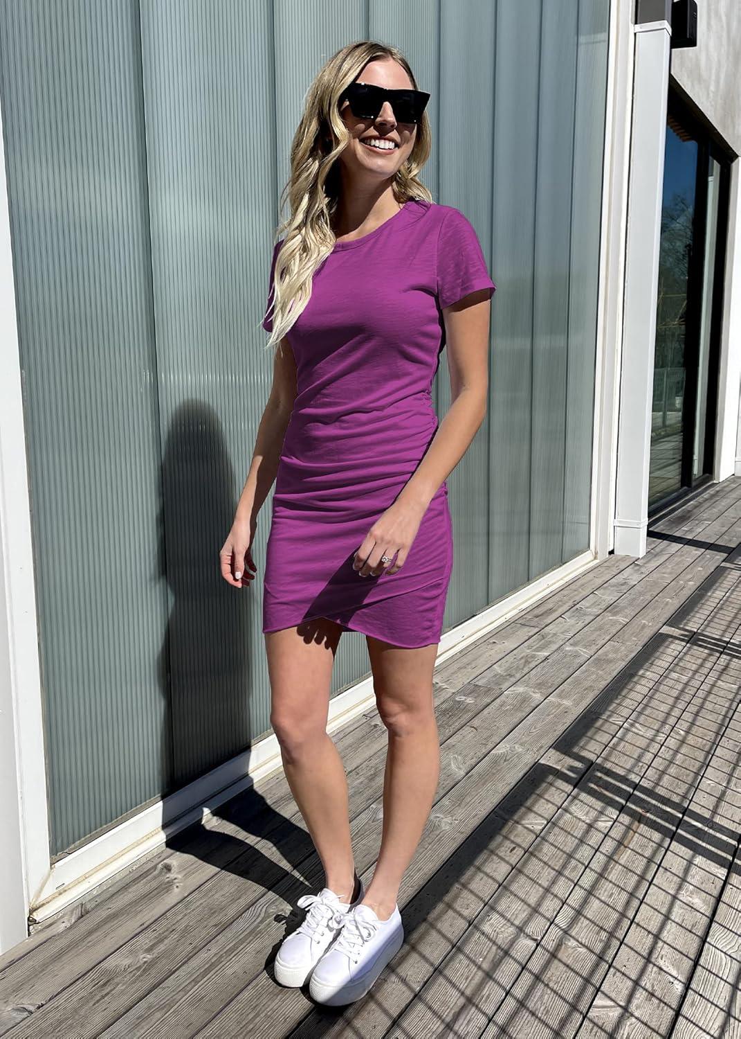 imageBTFBM Womens Summer Dresses 2026 Casual Bodycon Mini Dress Short Sleeve Crew Neck Mini Ruched Spring Beach Vacation OutfitsPurple