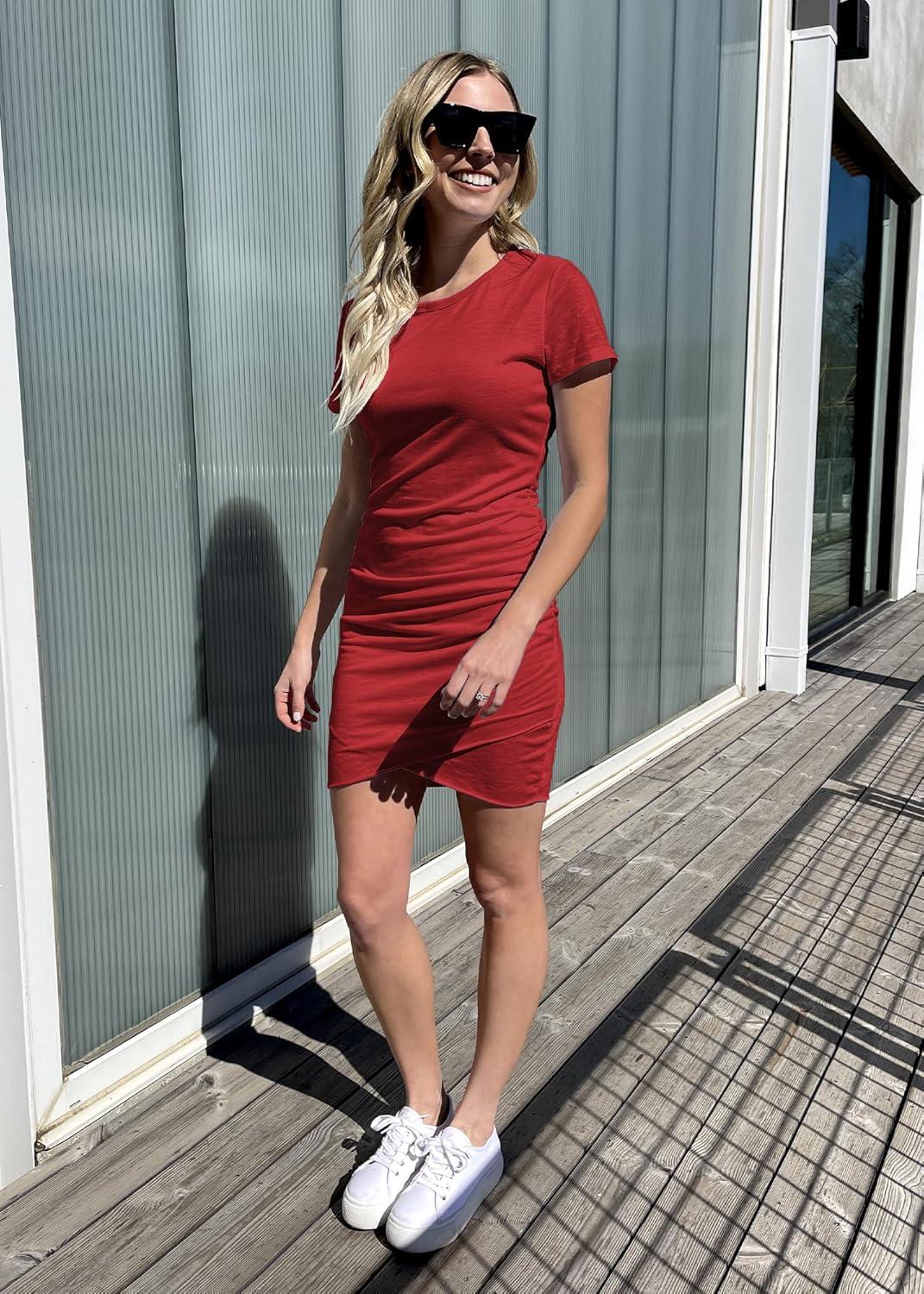 imageBTFBM Womens Summer Dresses 2026 Casual Bodycon Mini Dress Short Sleeve Crew Neck Mini Ruched Spring Beach Vacation OutfitsRed