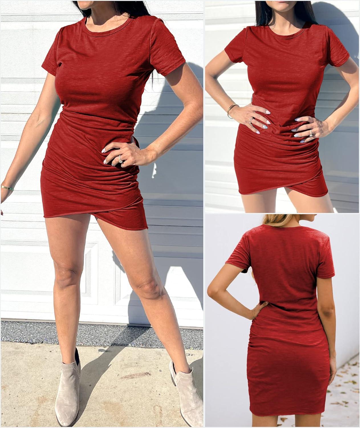 imageBTFBM Womens Summer Dresses 2026 Casual Bodycon Mini Dress Short Sleeve Crew Neck Mini Ruched Spring Beach Vacation OutfitsRed