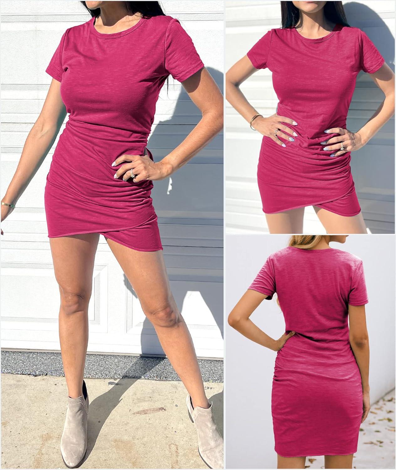 imageBTFBM Womens Summer Dresses 2026 Casual Bodycon Mini Dress Short Sleeve Crew Neck Mini Ruched Spring Beach Vacation OutfitsRose Red