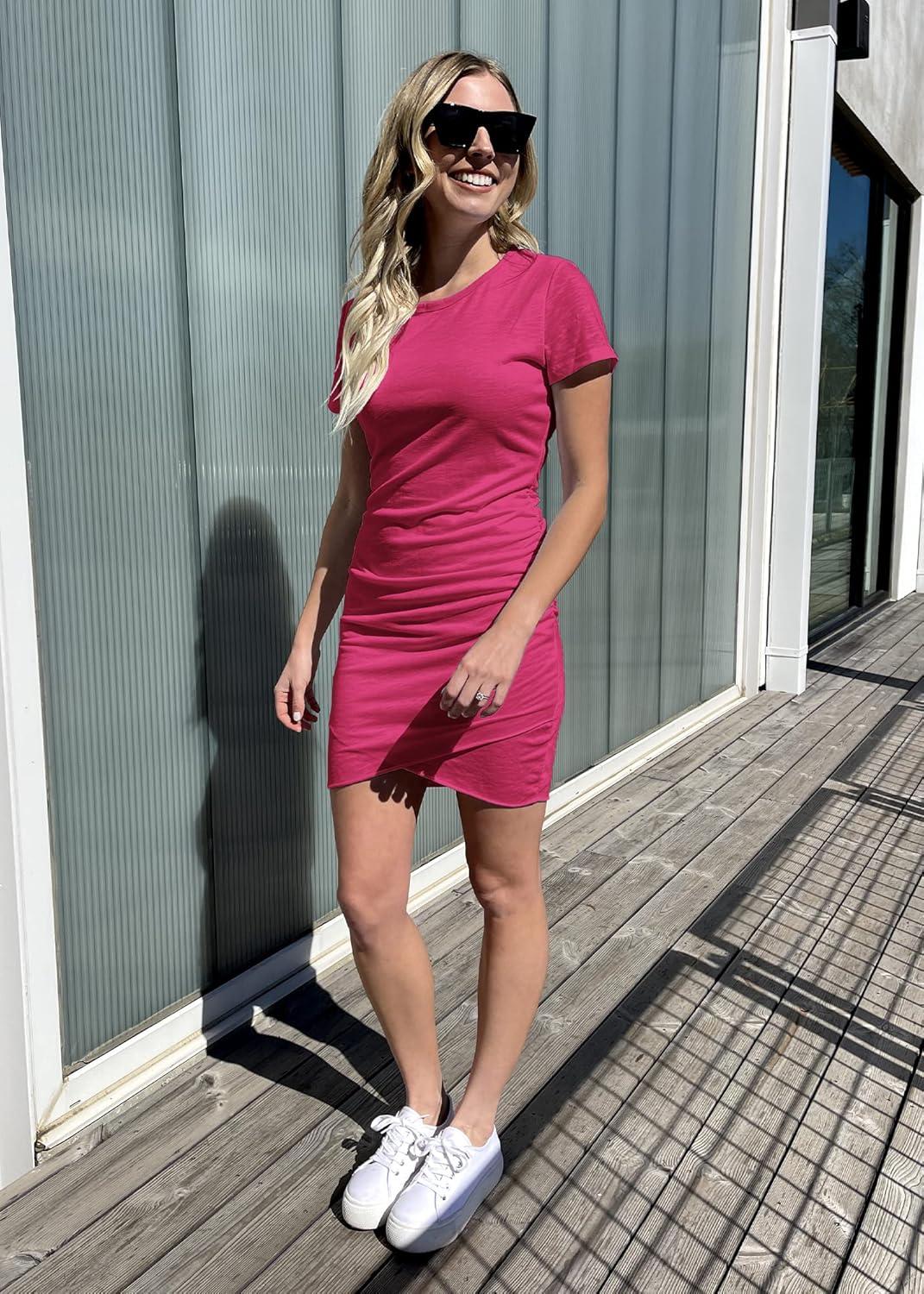 imageBTFBM Womens Summer Dresses 2026 Casual Bodycon Mini Dress Short Sleeve Crew Neck Mini Ruched Spring Beach Vacation OutfitsRose Red