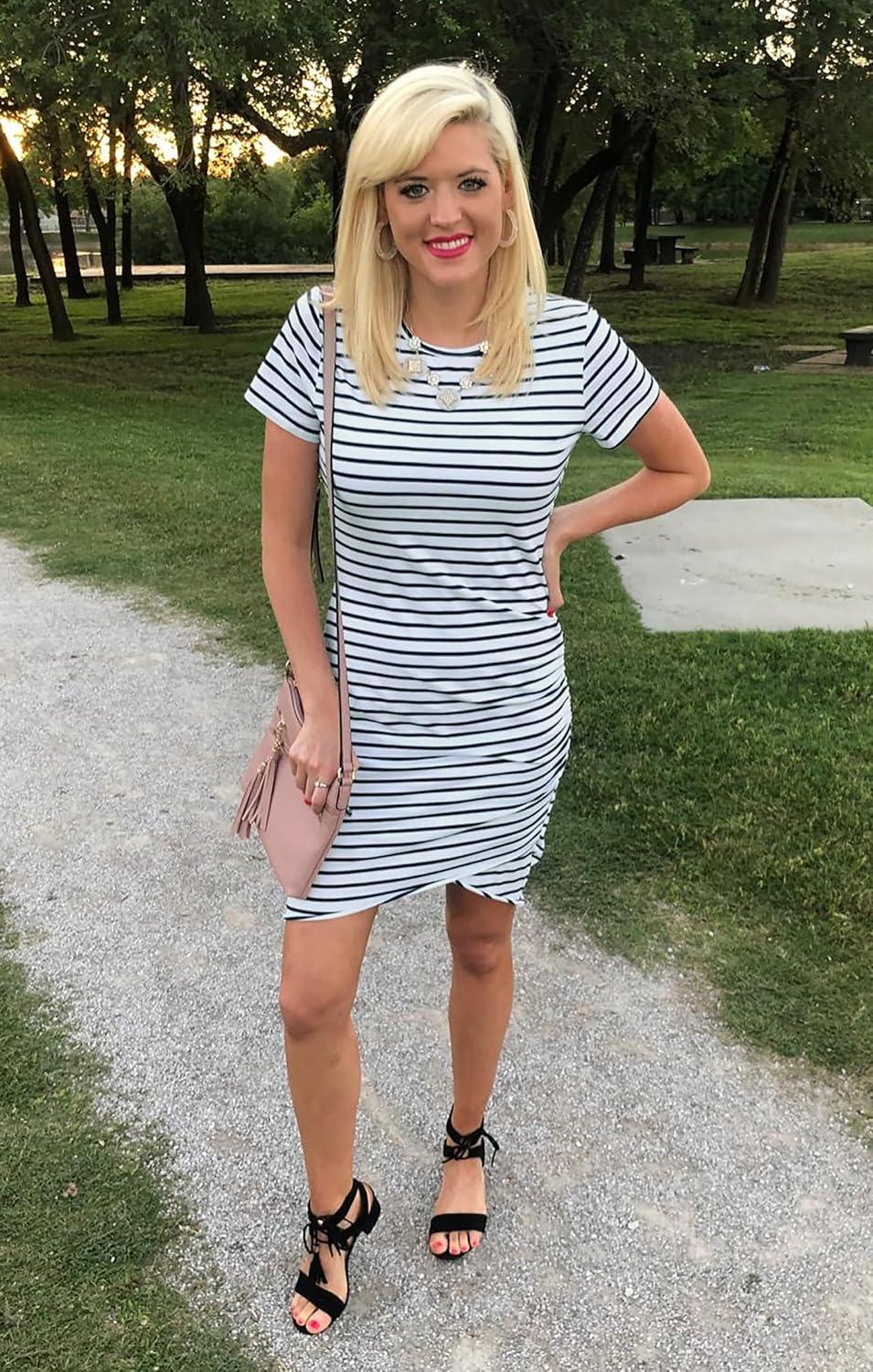 imageBTFBM Womens Summer Dresses 2026 Casual Bodycon Mini Dress Short Sleeve Crew Neck Mini Ruched Spring Beach Vacation OutfitsStripe