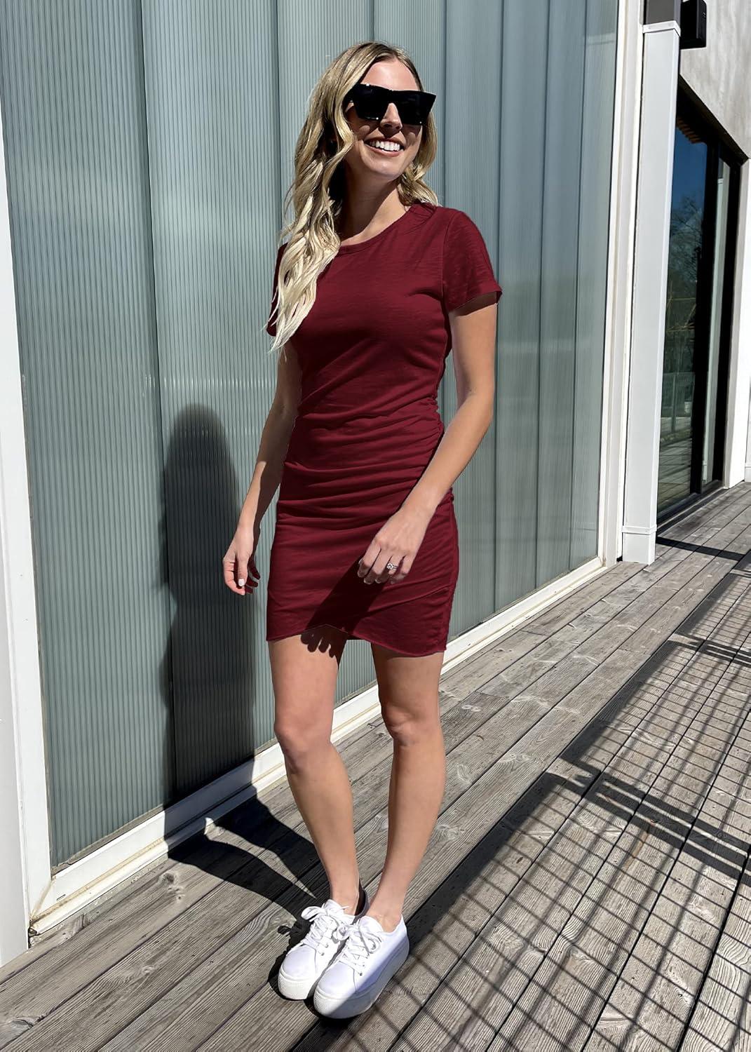 imageBTFBM Womens Summer Dresses 2026 Casual Bodycon Mini Dress Short Sleeve Crew Neck Mini Ruched Spring Beach Vacation OutfitsWine Red