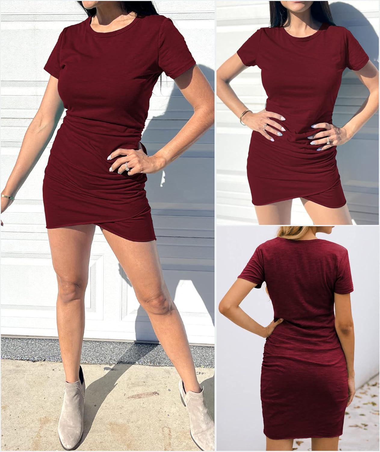 imageBTFBM Womens Summer Dresses 2026 Casual Bodycon Mini Dress Short Sleeve Crew Neck Mini Ruched Spring Beach Vacation OutfitsWine Red