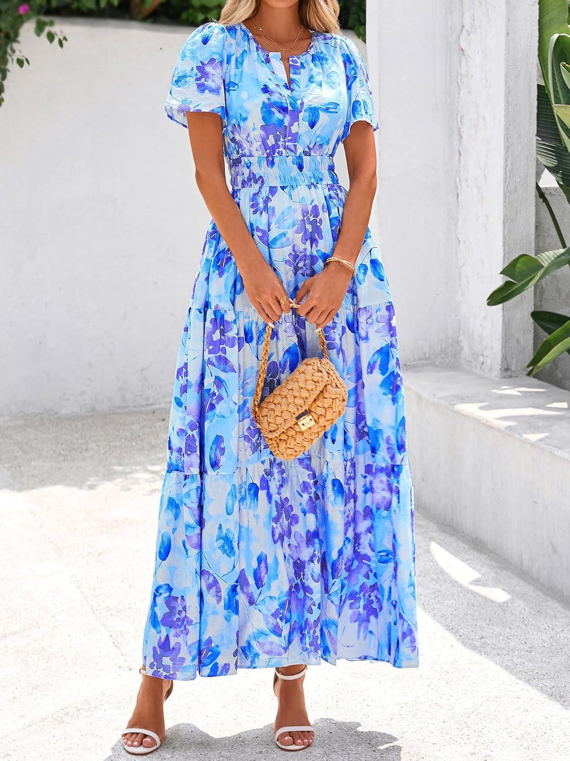 imageBTFBM Womens Summer Floral Maxi Dresses V Neck Short Sleeve Boho Casual Flowy Long Wedding Guest Dress Beach VacationFloral Blue Purple