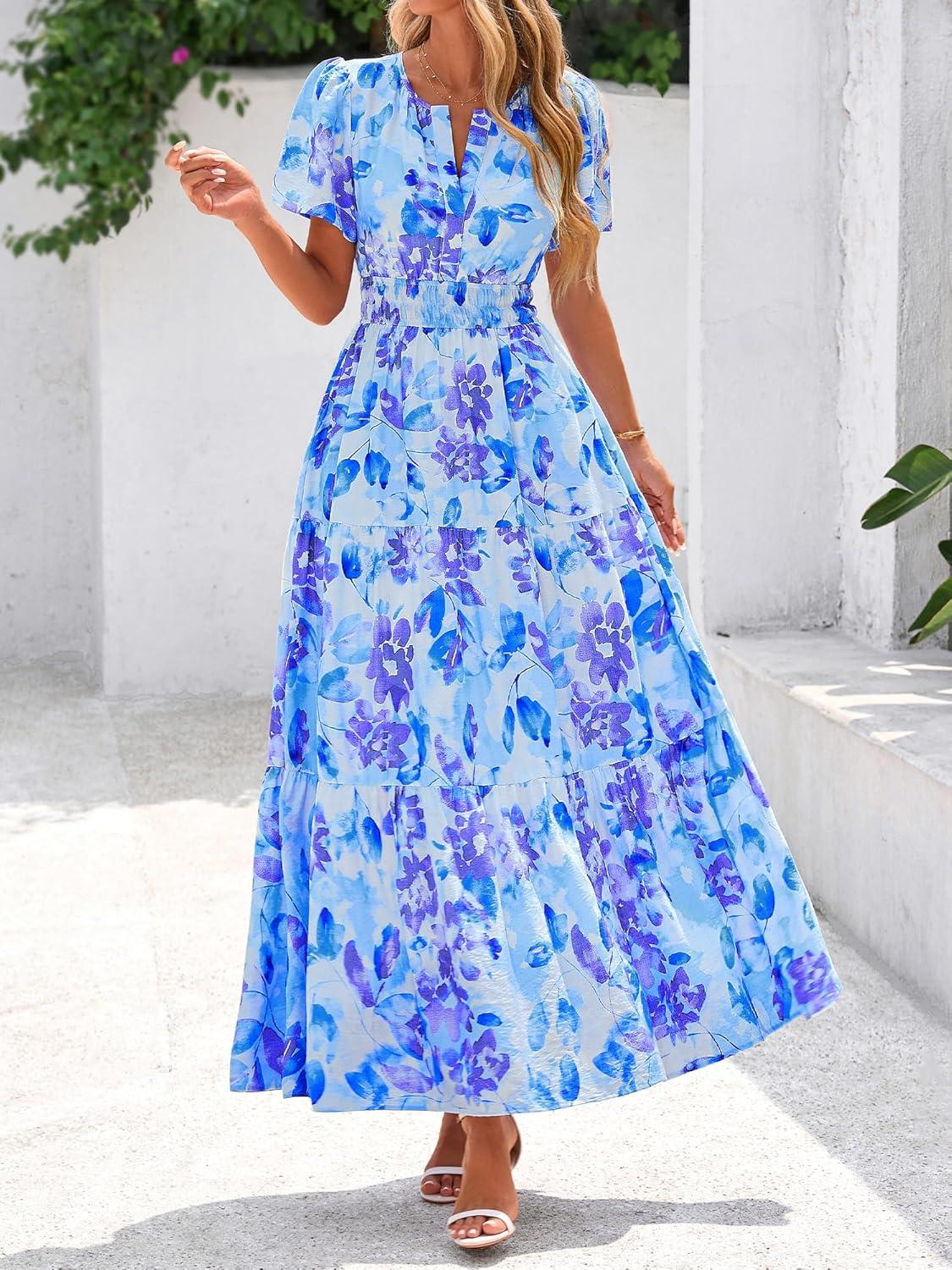 imageBTFBM Womens Summer Floral Maxi Dresses V Neck Short Sleeve Boho Casual Flowy Long Wedding Guest Dress Beach VacationFloral Blue Purple