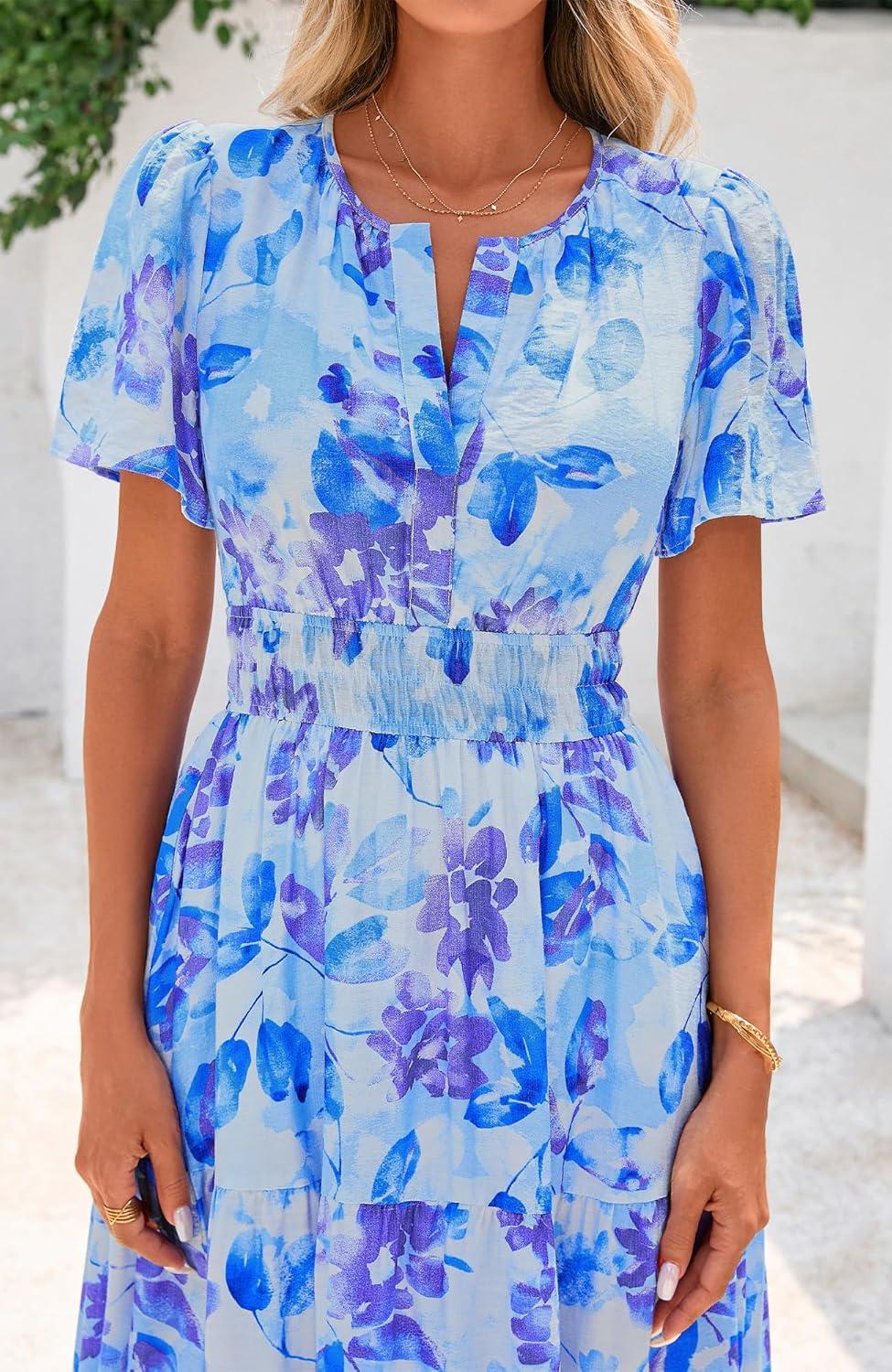 imageBTFBM Womens Summer Floral Maxi Dresses V Neck Short Sleeve Boho Casual Flowy Long Wedding Guest Dress Beach VacationFloral Blue Purple