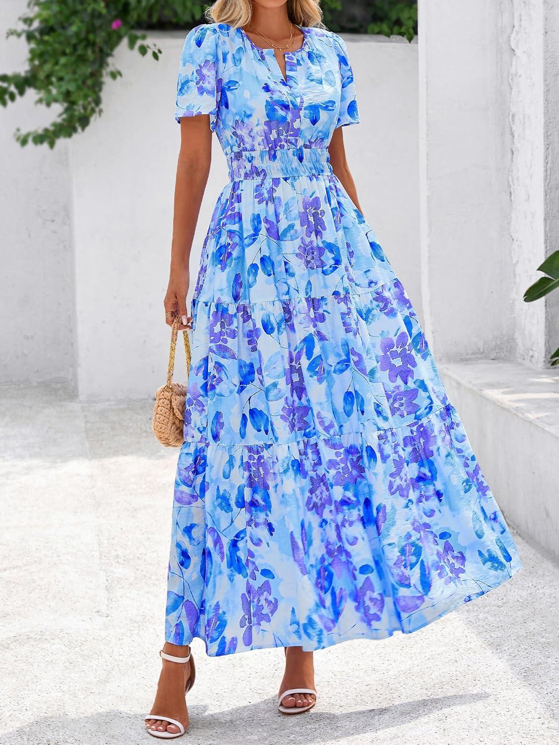 imageBTFBM Womens Summer Floral Maxi Dresses V Neck Short Sleeve Boho Casual Flowy Long Wedding Guest Dress Beach VacationFloral Blue Purple