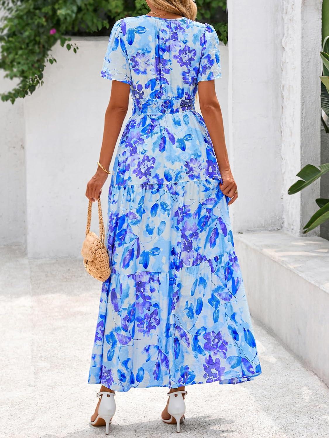 imageBTFBM Womens Summer Floral Maxi Dresses V Neck Short Sleeve Boho Casual Flowy Long Wedding Guest Dress Beach VacationFloral Blue Purple