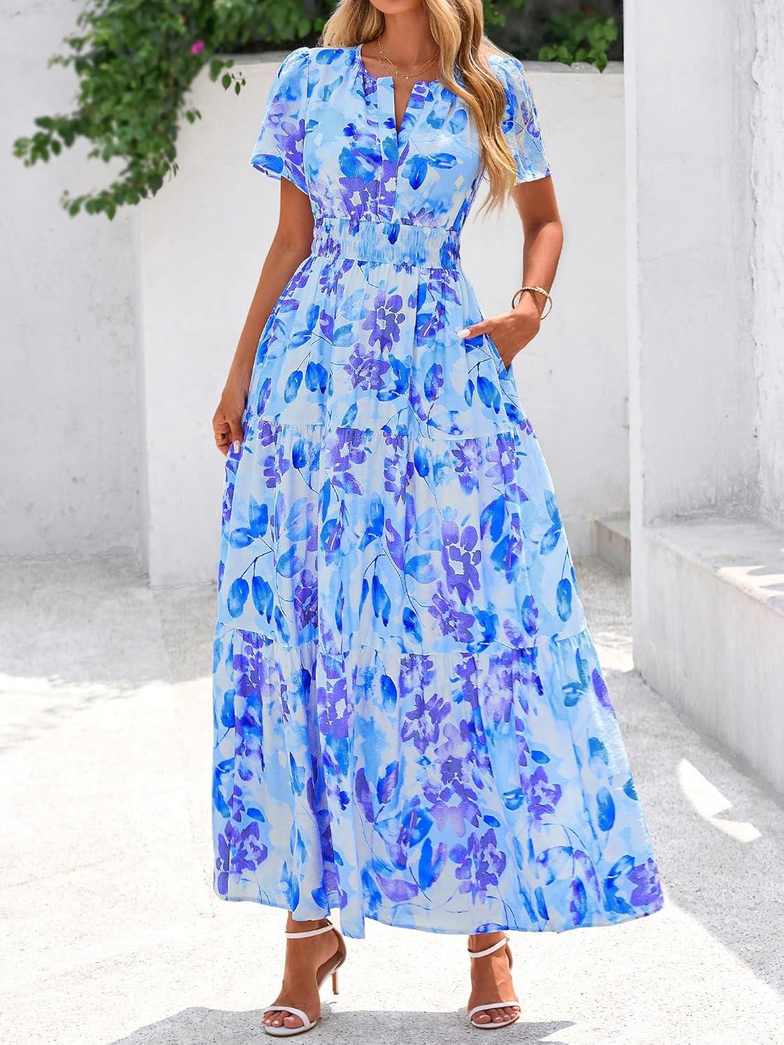imageBTFBM Womens Summer Floral Maxi Dresses V Neck Short Sleeve Boho Casual Flowy Long Wedding Guest Dress Beach VacationFloral Blue Purple