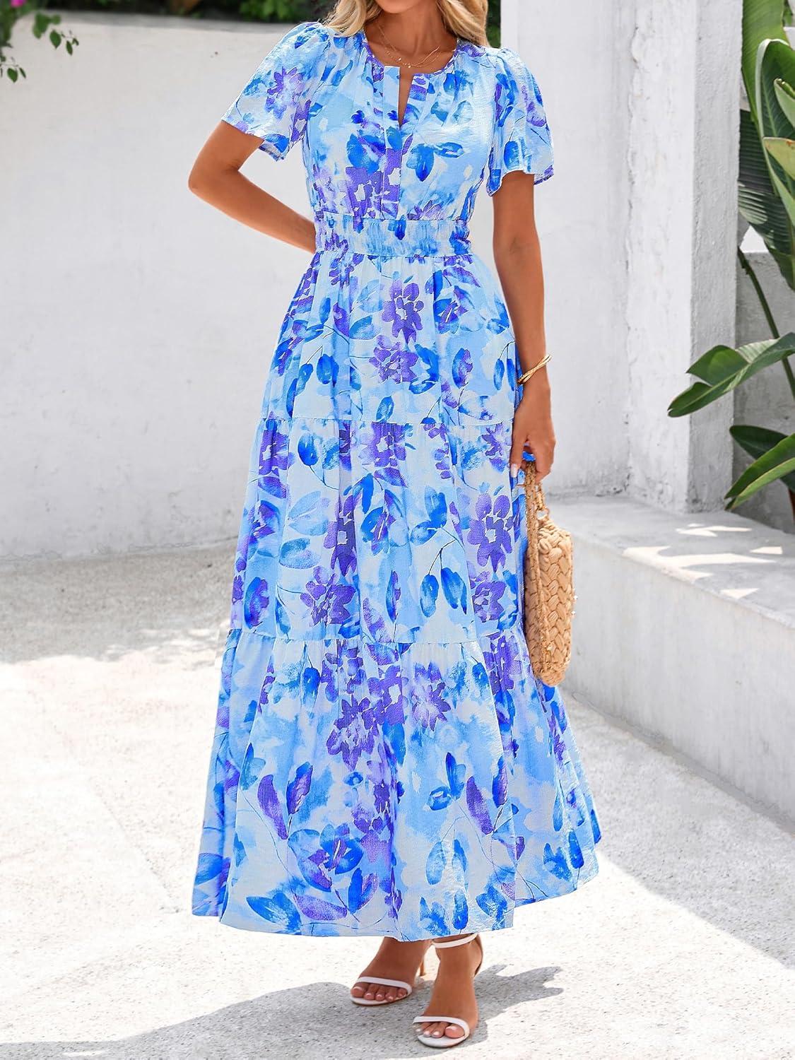imageBTFBM Womens Summer Floral Maxi Dresses V Neck Short Sleeve Boho Casual Flowy Long Wedding Guest Dress Beach VacationFloral Blue Purple