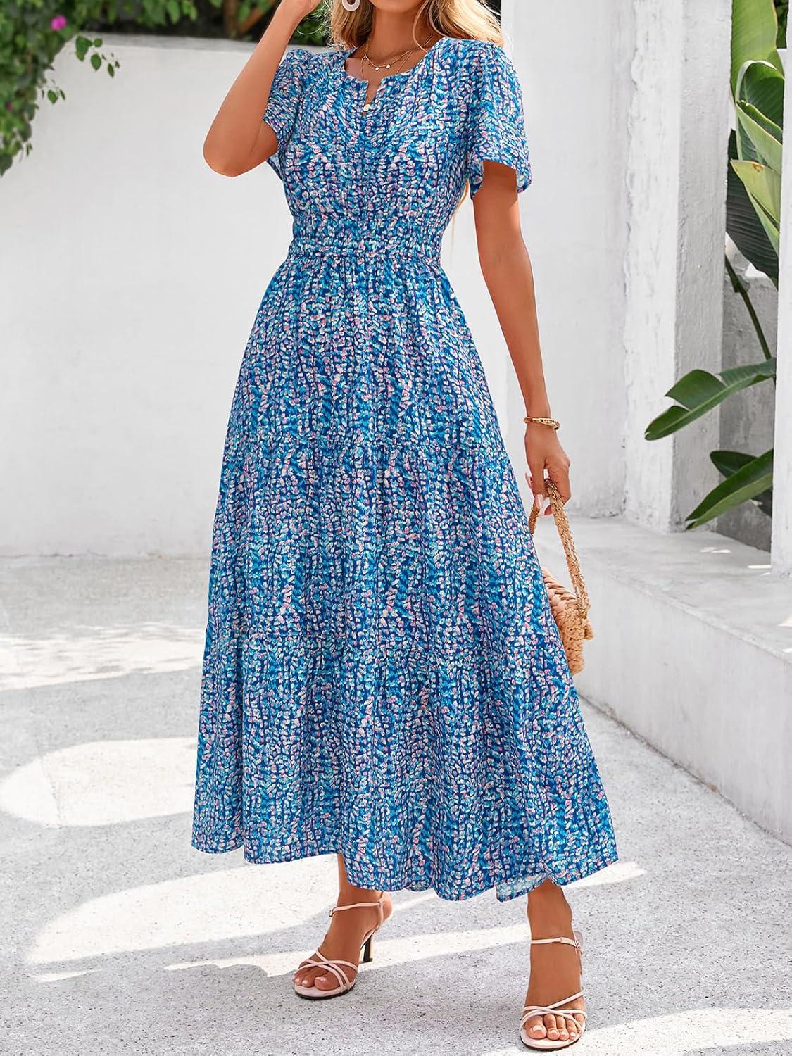 imageBTFBM Womens Summer Floral Maxi Dresses V Neck Short Sleeve Boho Casual Flowy Long Wedding Guest Dress Beach VacationFloral Dark Blue