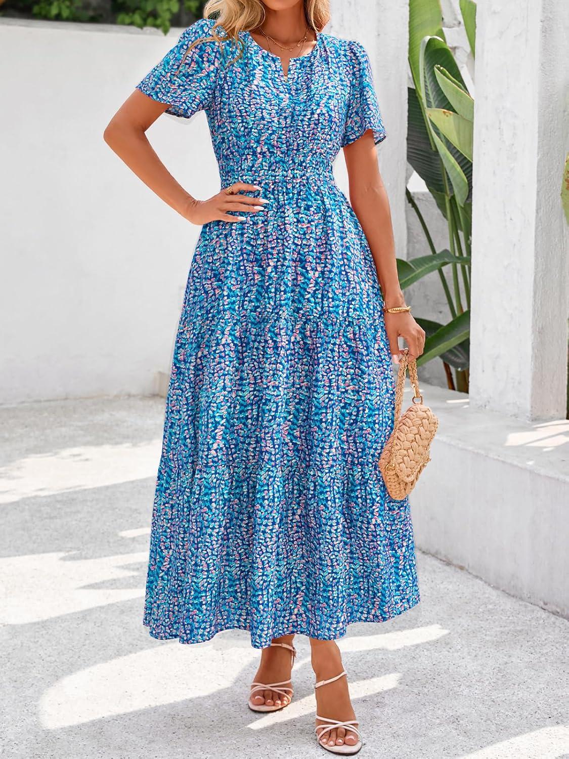 imageBTFBM Womens Summer Floral Maxi Dresses V Neck Short Sleeve Boho Casual Flowy Long Wedding Guest Dress Beach VacationFloral Dark Blue