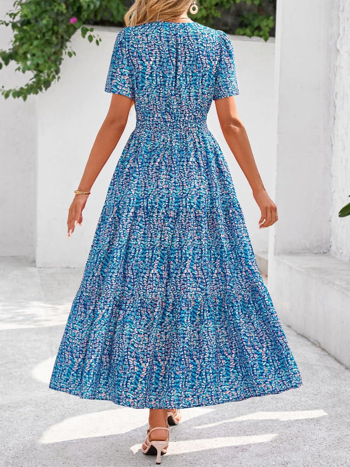 imageBTFBM Womens Summer Floral Maxi Dresses V Neck Short Sleeve Boho Casual Flowy Long Wedding Guest Dress Beach VacationFloral Dark Blue