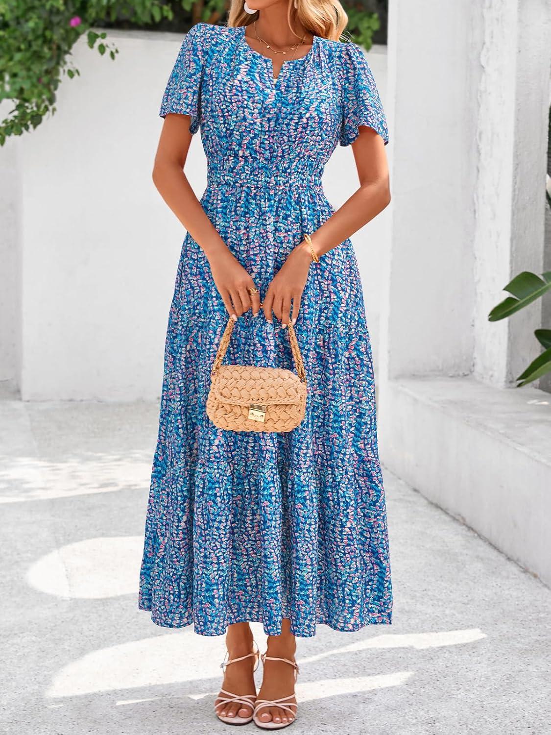 imageBTFBM Womens Summer Floral Maxi Dresses V Neck Short Sleeve Boho Casual Flowy Long Wedding Guest Dress Beach VacationFloral Dark Blue