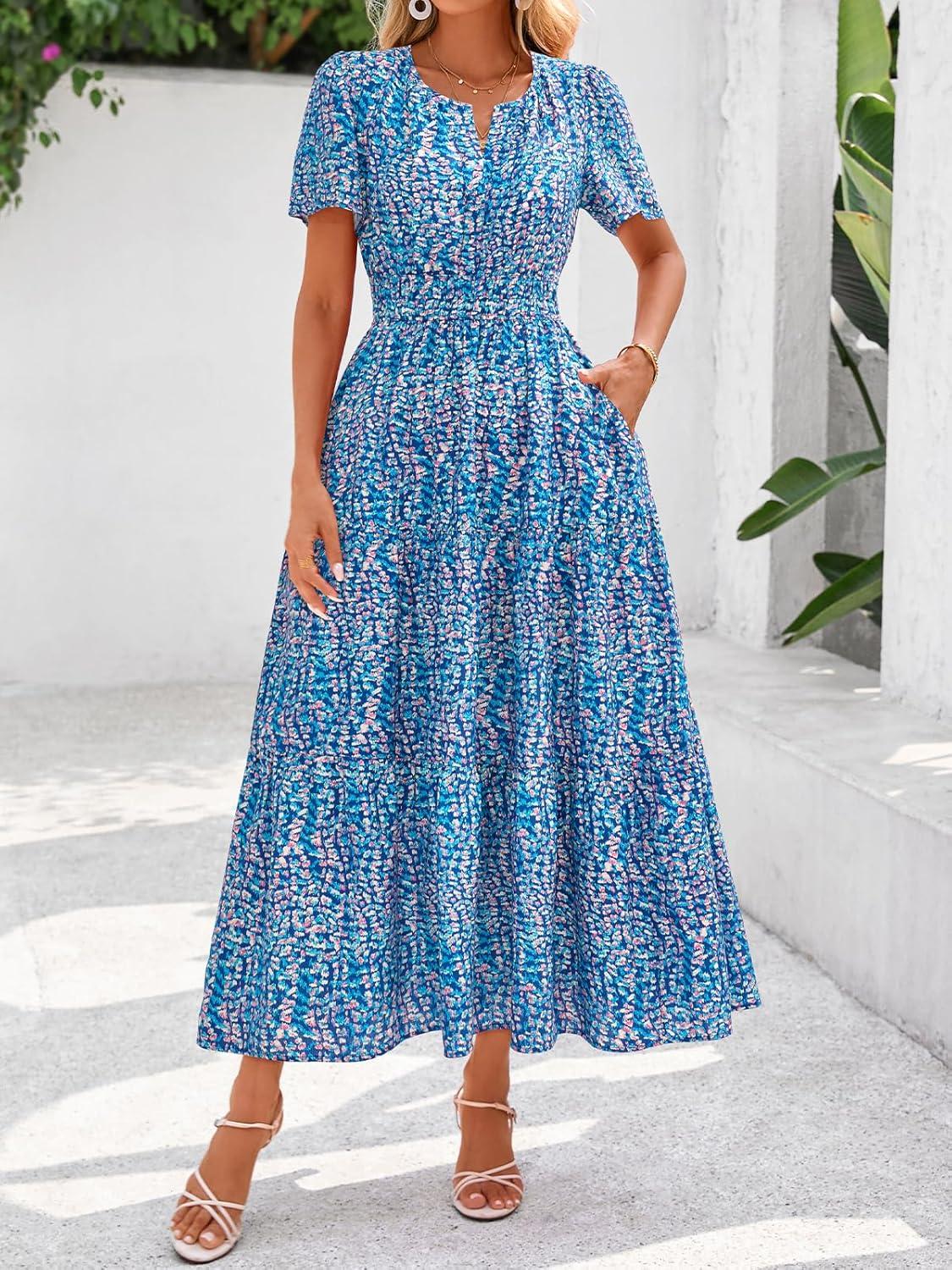 imageBTFBM Womens Summer Floral Maxi Dresses V Neck Short Sleeve Boho Casual Flowy Long Wedding Guest Dress Beach VacationFloral Dark Blue