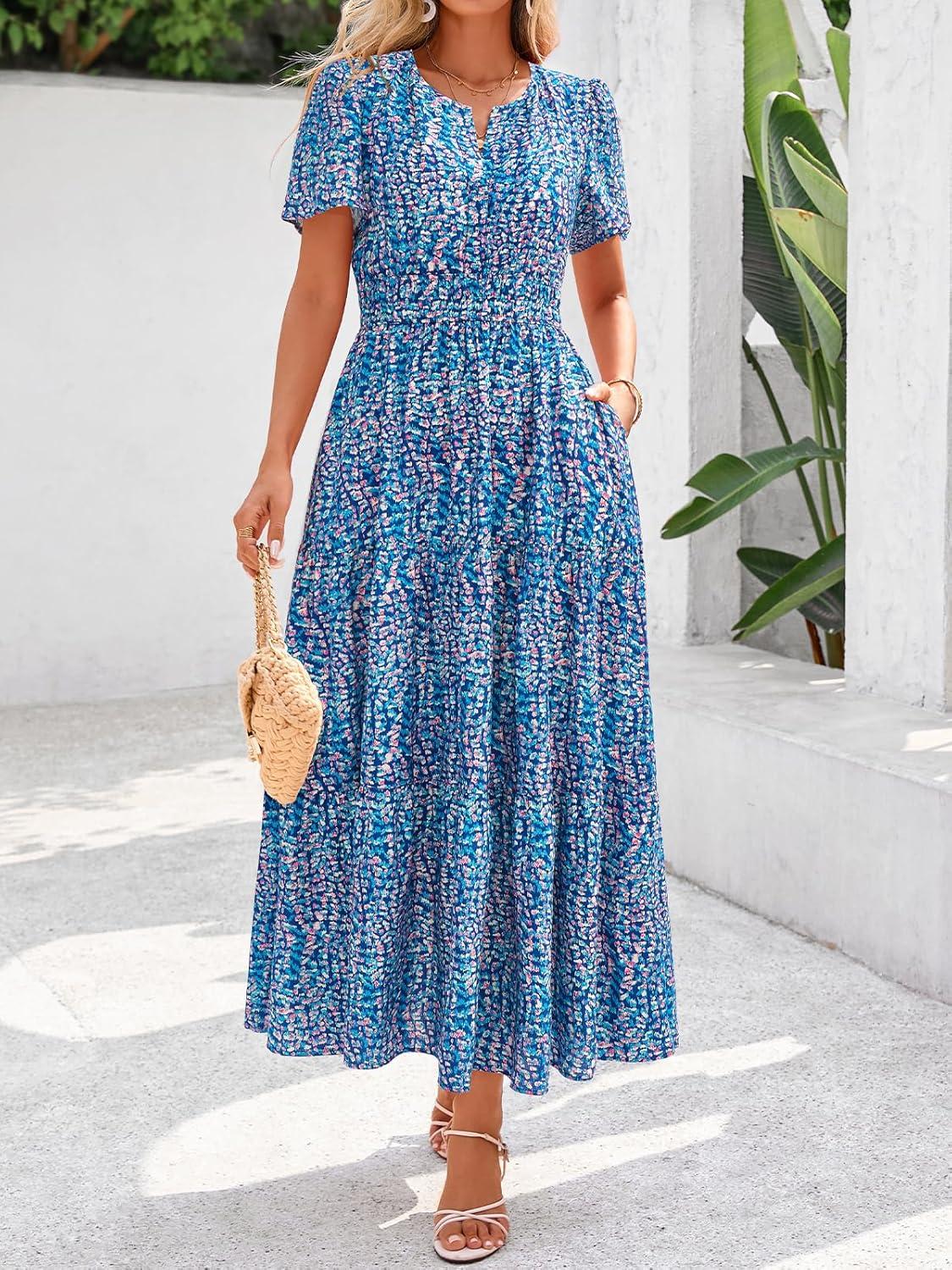 imageBTFBM Womens Summer Floral Maxi Dresses V Neck Short Sleeve Boho Casual Flowy Long Wedding Guest Dress Beach VacationFloral Dark Blue