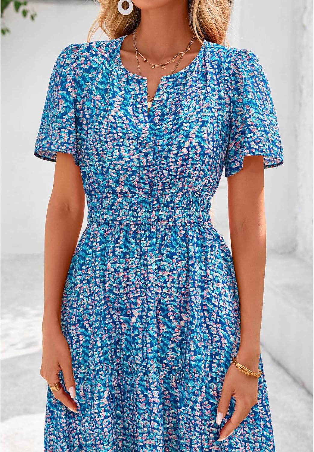 imageBTFBM Womens Summer Floral Maxi Dresses V Neck Short Sleeve Boho Casual Flowy Long Wedding Guest Dress Beach VacationFloral Dark Blue
