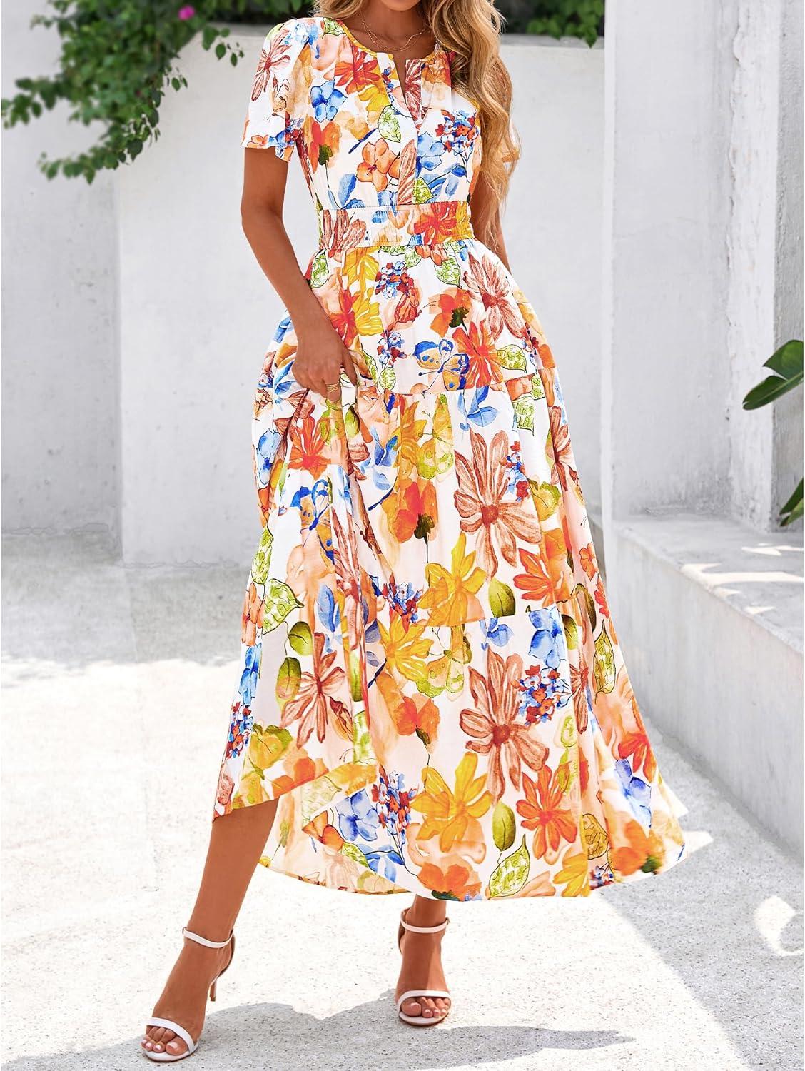 imageBTFBM Womens Summer Floral Maxi Dresses V Neck Short Sleeve Boho Casual Flowy Long Wedding Guest Dress Beach VacationFloral Multicolored