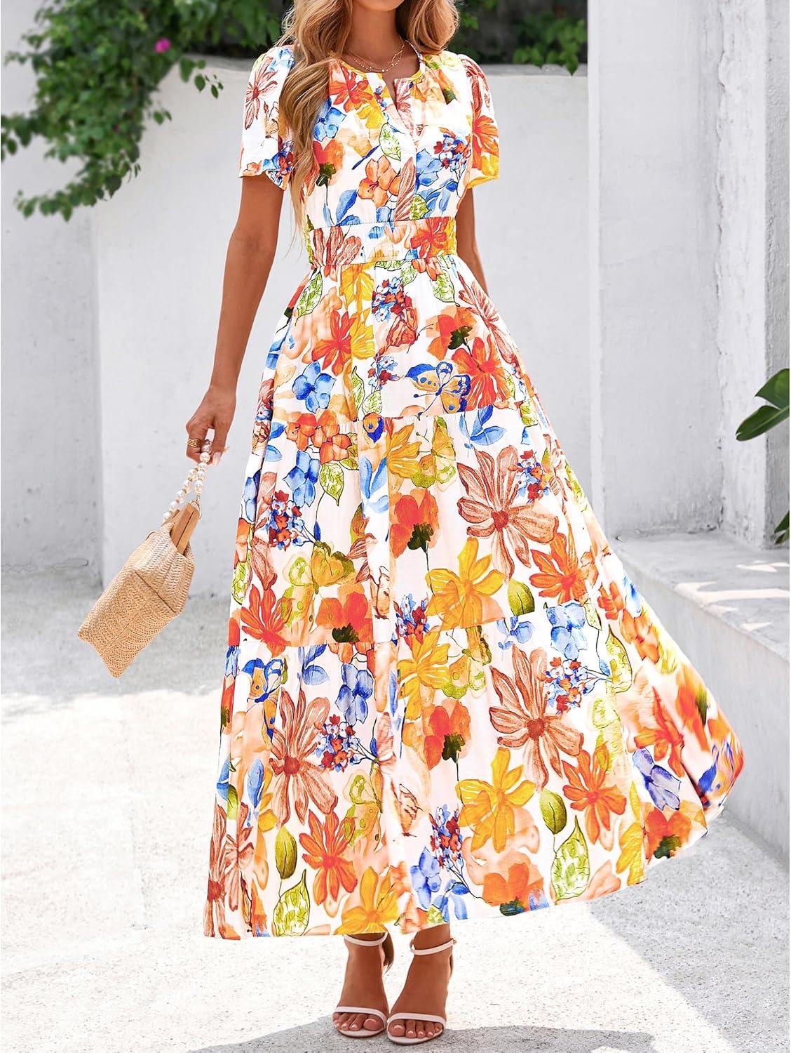 imageBTFBM Womens Summer Floral Maxi Dresses V Neck Short Sleeve Boho Casual Flowy Long Wedding Guest Dress Beach VacationFloral Multicolored