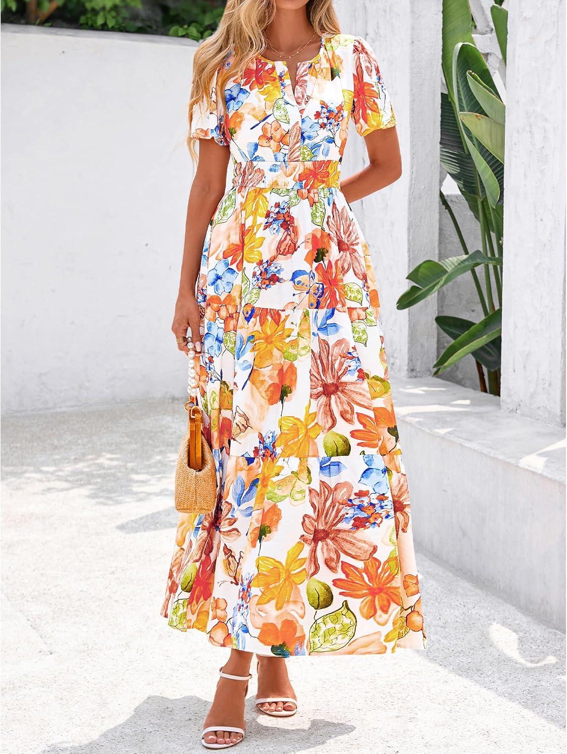 imageBTFBM Womens Summer Floral Maxi Dresses V Neck Short Sleeve Boho Casual Flowy Long Wedding Guest Dress Beach VacationFloral Multicolored