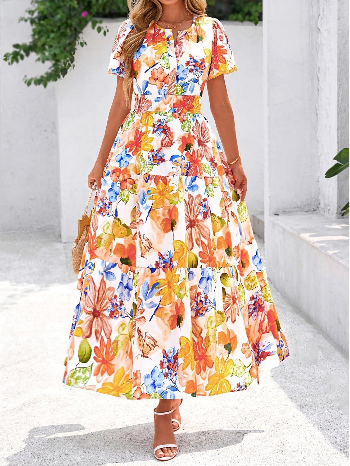 imageBTFBM Womens Summer Floral Maxi Dresses V Neck Short Sleeve Boho Casual Flowy Long Wedding Guest Dress Beach VacationFloral Multicolored