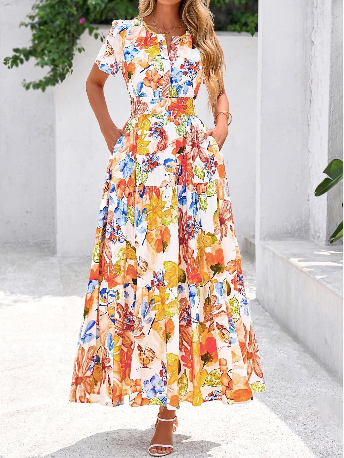 imageBTFBM Womens Summer Floral Maxi Dresses V Neck Short Sleeve Boho Casual Flowy Long Wedding Guest Dress Beach VacationFloral Multicolored